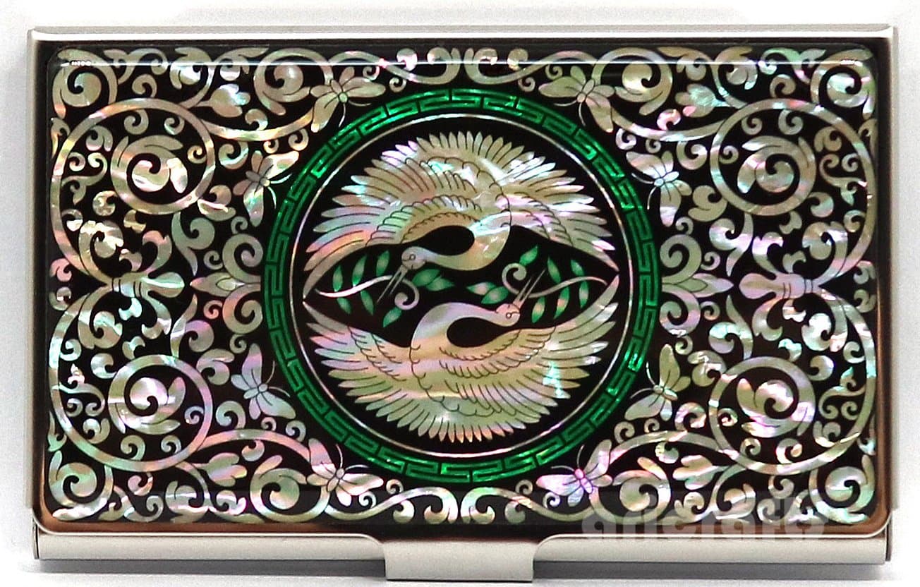 Mother of Pearl Lacquer Nacre Inlaid Najeon Metal Business Name ID Credit Card Money Cash Case Holder Wallet Purse Organizer, Double Crane