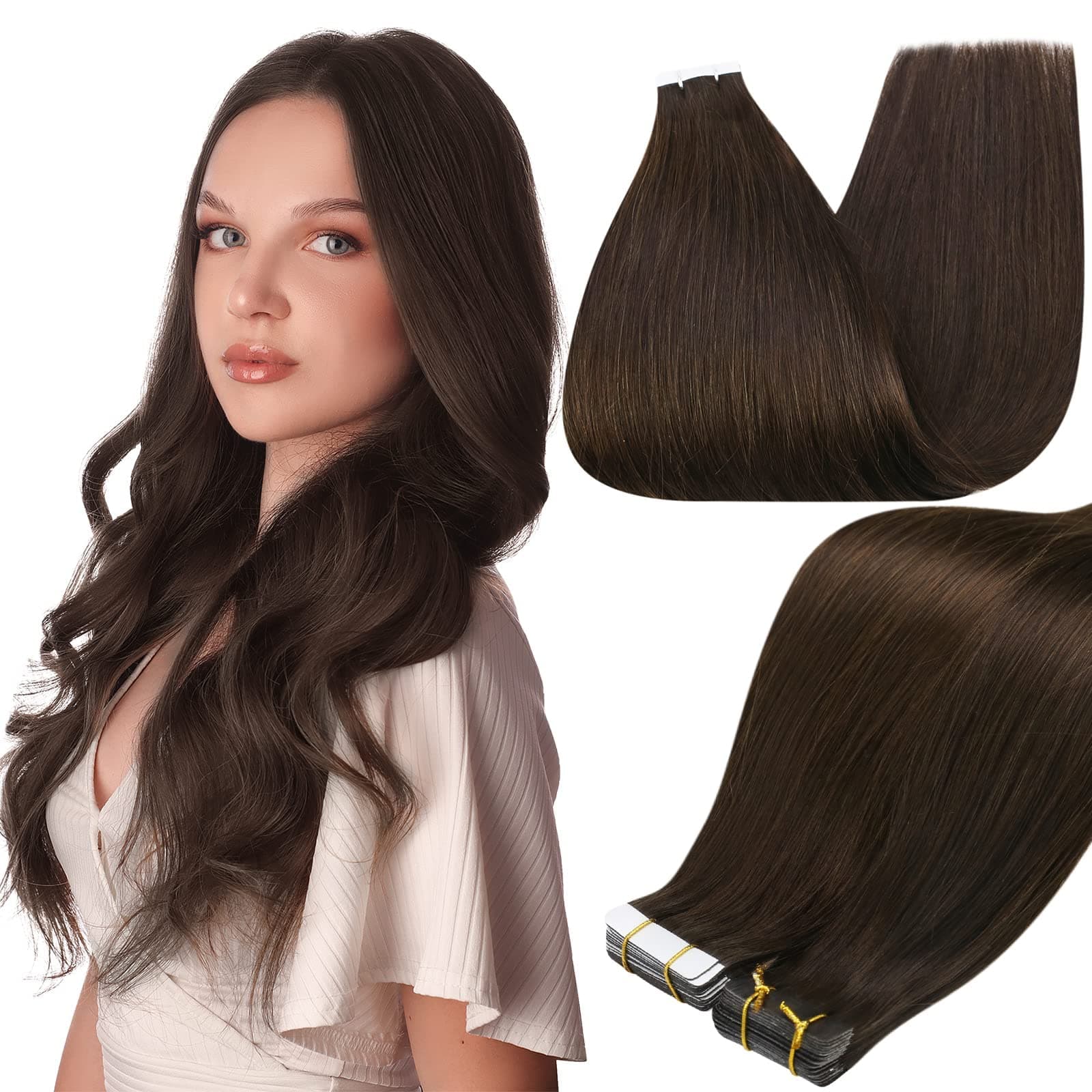 Full Shine Tape in Hair Extensions Real Remy Human Hair Invisible Seamless Skin Weft Human Hair Tape in Extensions Color 2 Dark Brown Human Hair Extensions Brazilian Hair 18Inch 50G 20Pcs Add Length