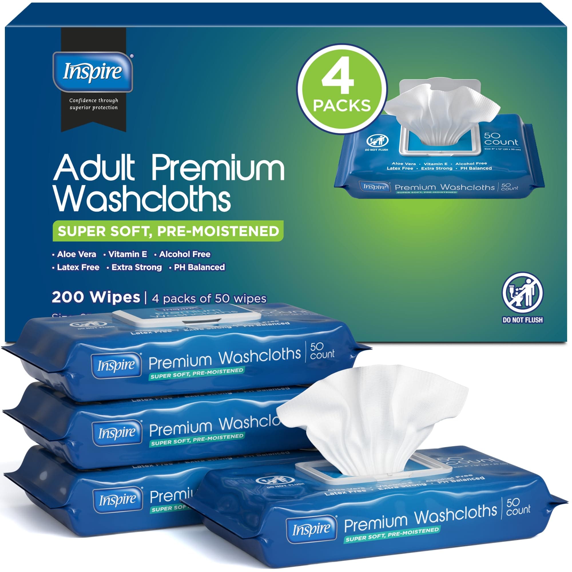 Inspire Adult Wet Wipes/Wash Cloths for Incontinence & Cleansing for Elderly, 8"x12" (200 count)