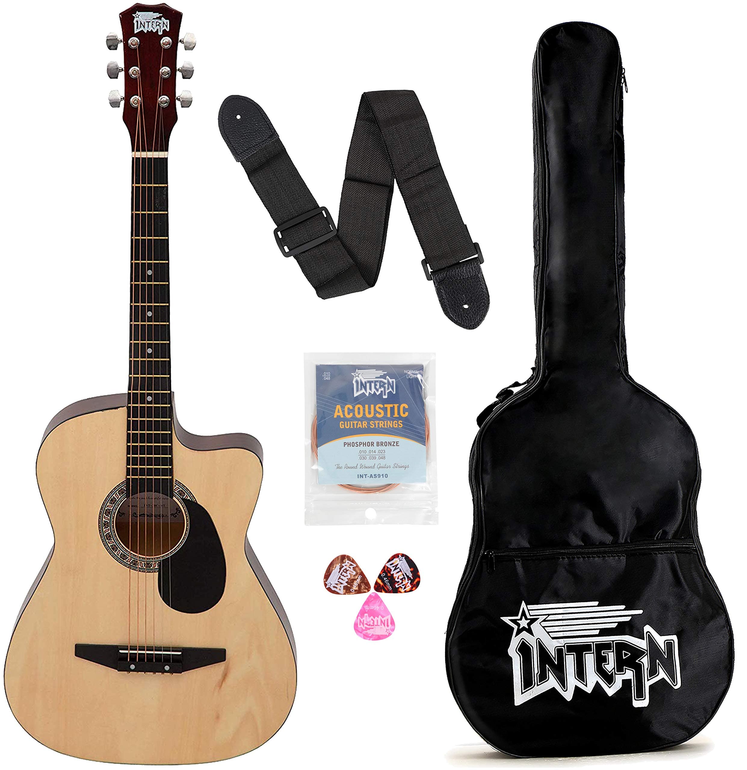 Intern INT-38C-NT-G 38 Inch lindenwood Right Handed Acoustic Guitar Kit With Bag, Strings, Pick And Strap (Natural, 6-Strings)
