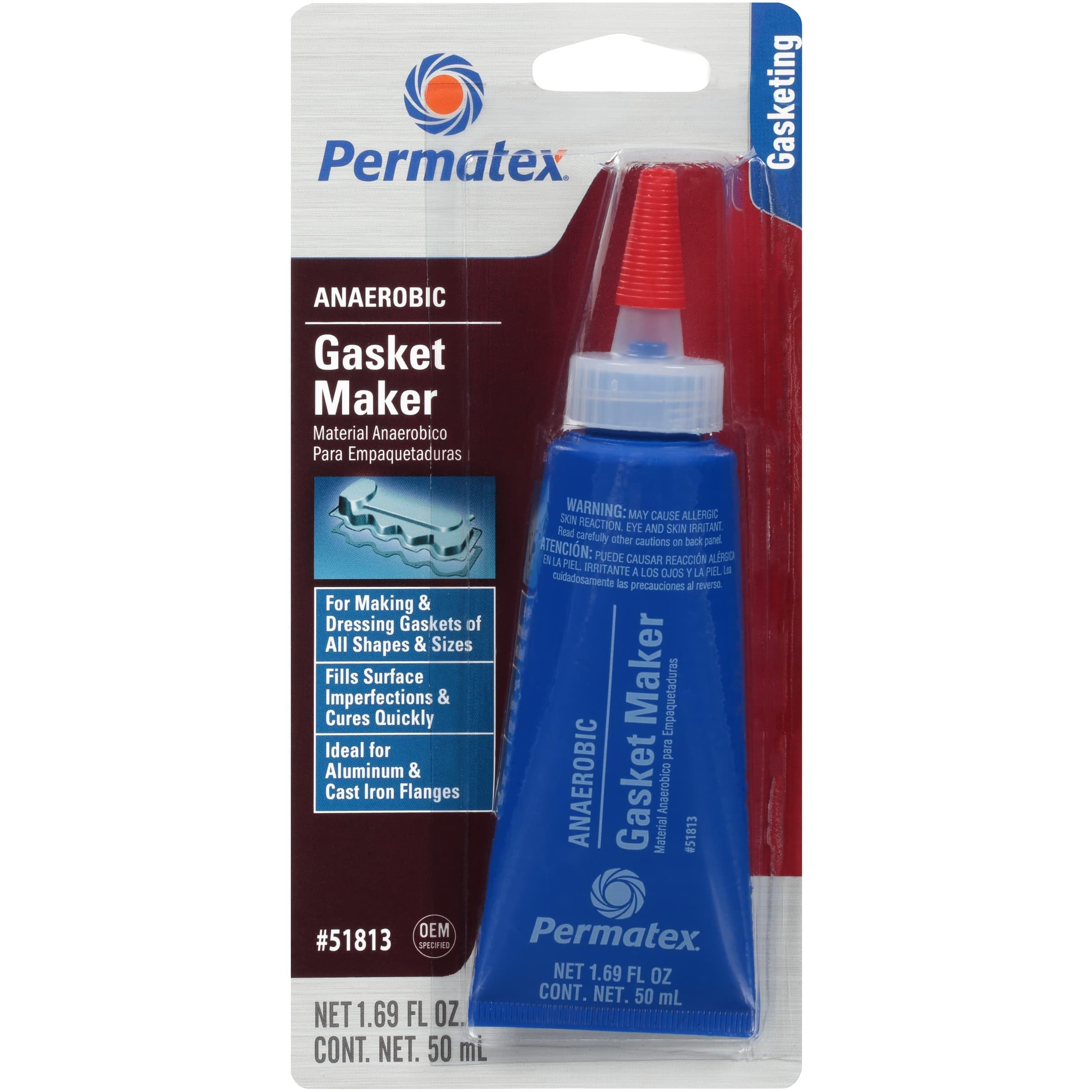 Permatex 51813 Anaerobic Gasket Maker, 50 ml Tube, Red, Packaging may vary.