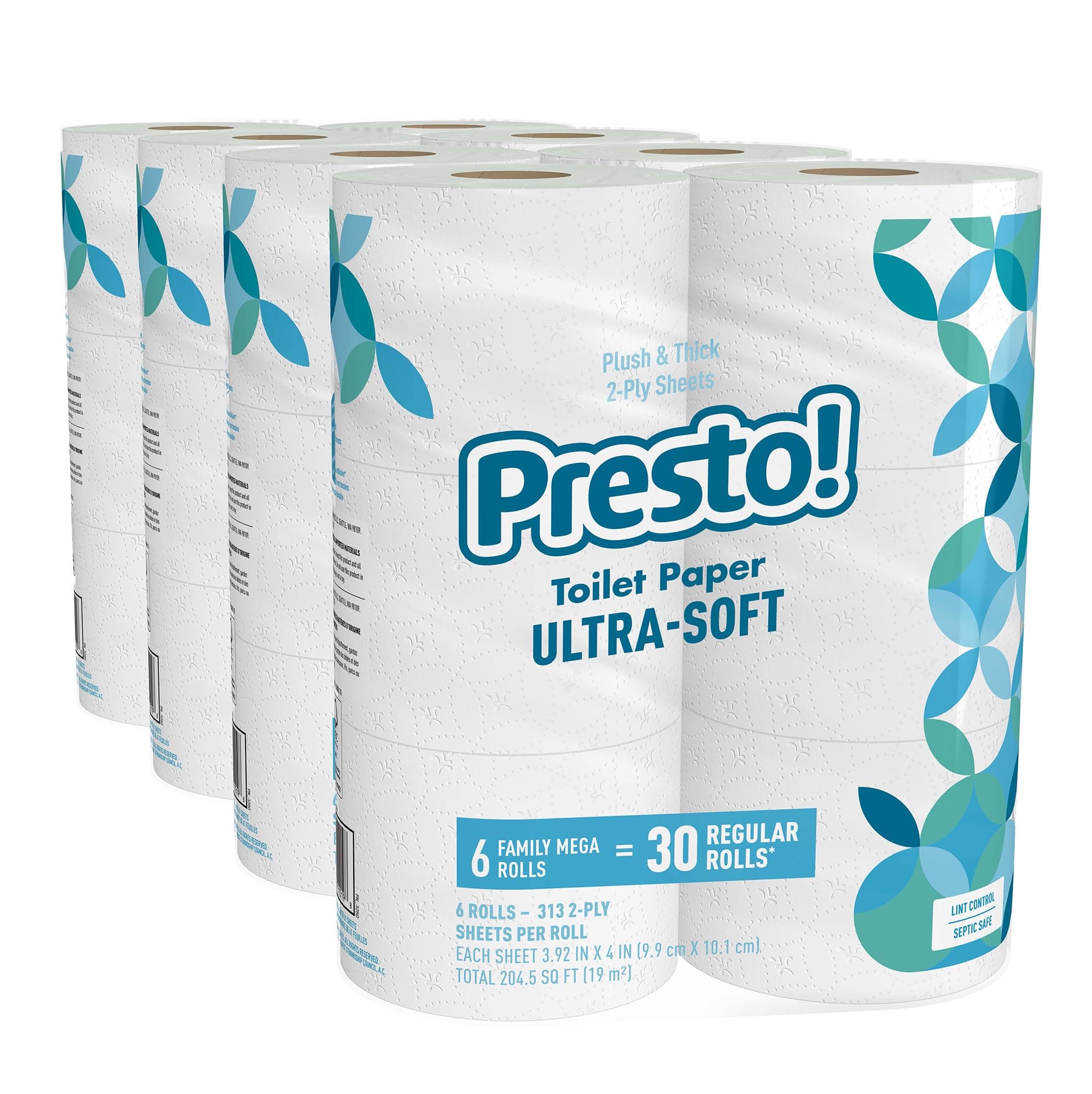 Amazon Brand - Presto! 2-Ply Ultra-Soft Toilet Paper, Septic-Safe, 24 Family Mega Rolls = 120 Regular Rolls, 308 Sheets, Unscented, Pack of 4