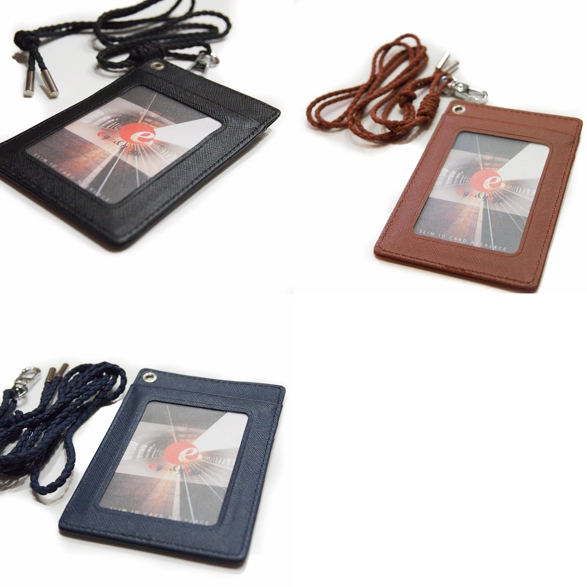 ego&yogo Slim ID Card Necklace Holder - Perfect for Badge, Key Card, Student ID, Employee ID, Metro Card, and Credit Card Holder with Detachable Soft Braided Lanyard Neck Strap (Black Brown Navy)