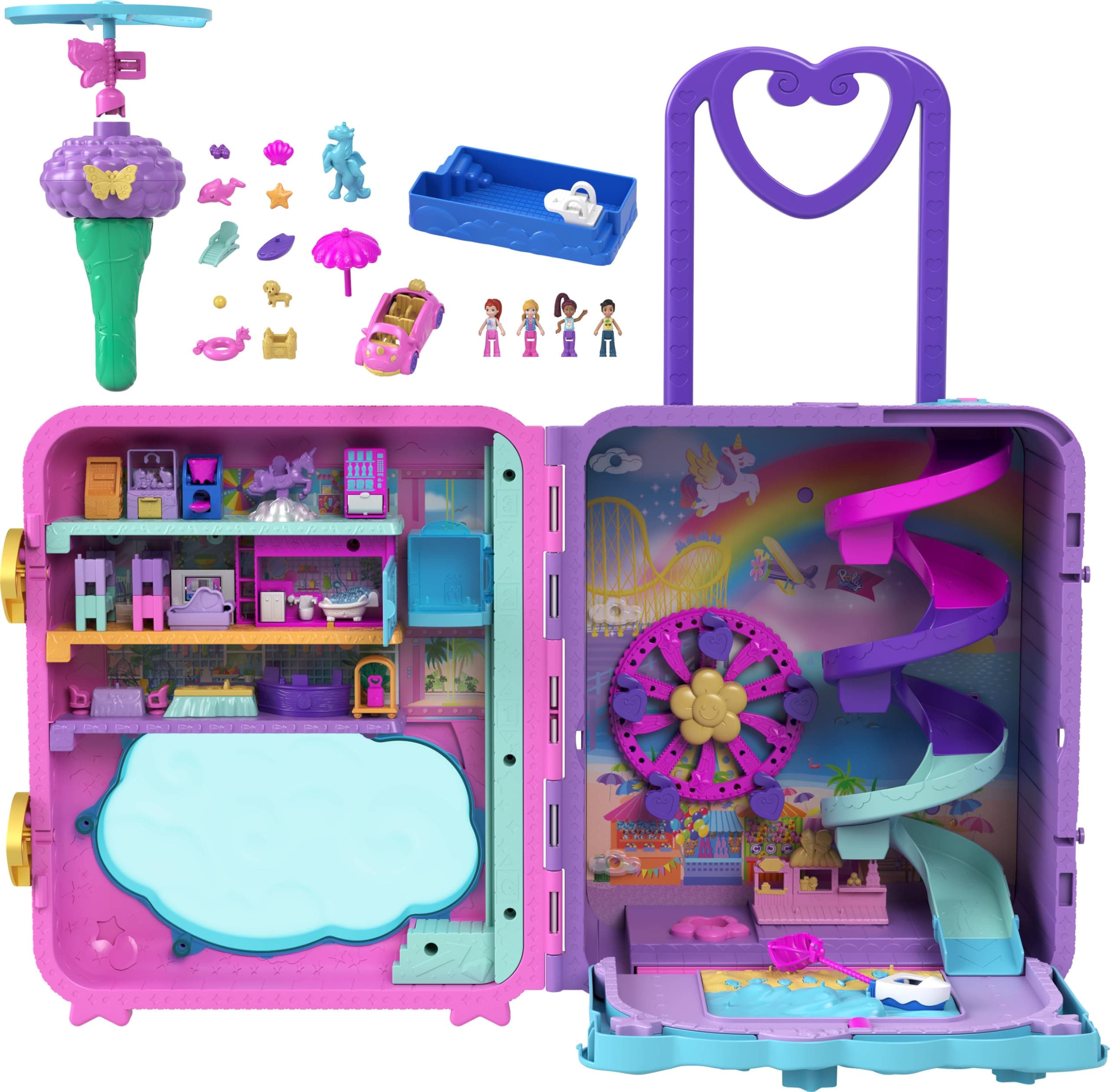 Polly Pocket Pollyville Suitcase Set, Tourist Suitcase Game with 5 Play Zones, Includes 4 Figures and 1 Pocket Vehicle, Plus 25 Accessories Included, Toy for Children 4 Years and Above, HKV43