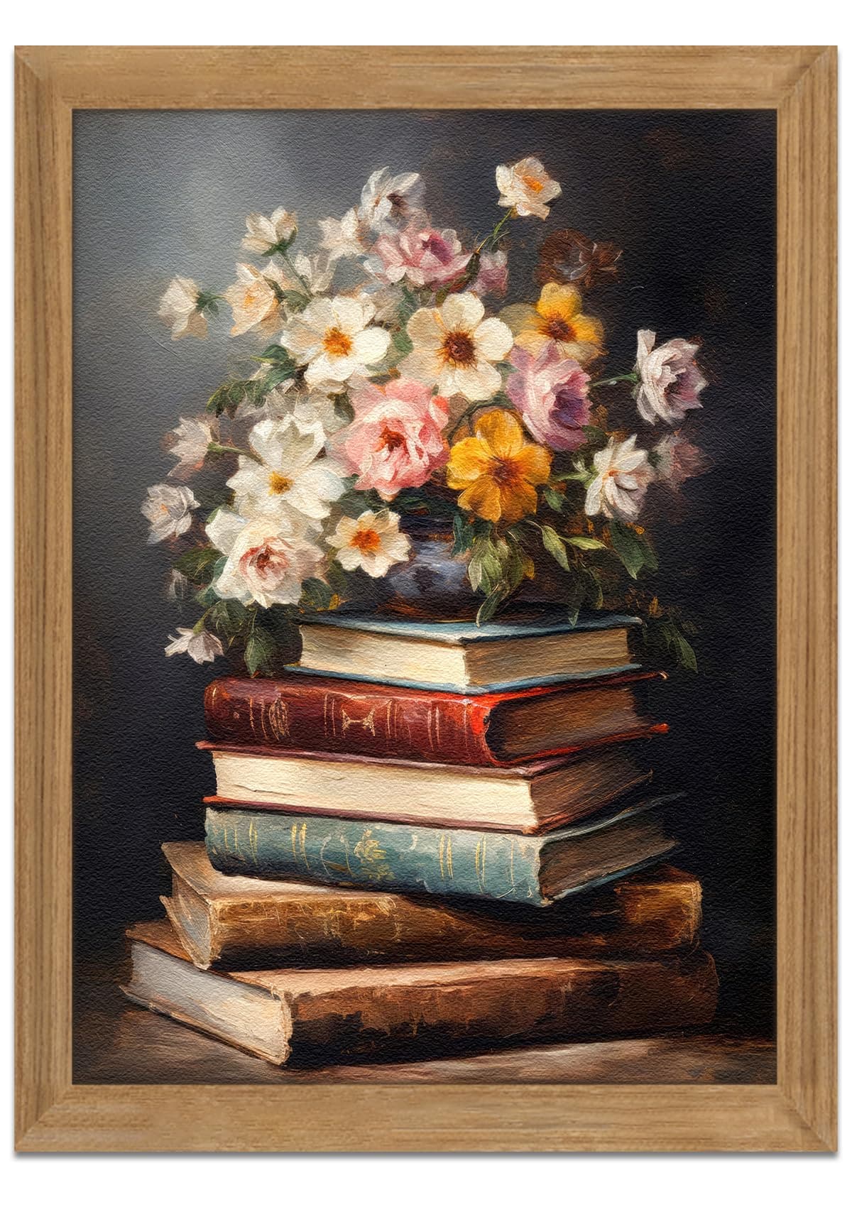 Framed Vintage Floral Wall Art - 3D Textured Flowers Books Sandstone Hand Drawn Art Oil Painting - Minimalist Botanical Wall Decor for Bedroom Living Room Office Decor 12X16in