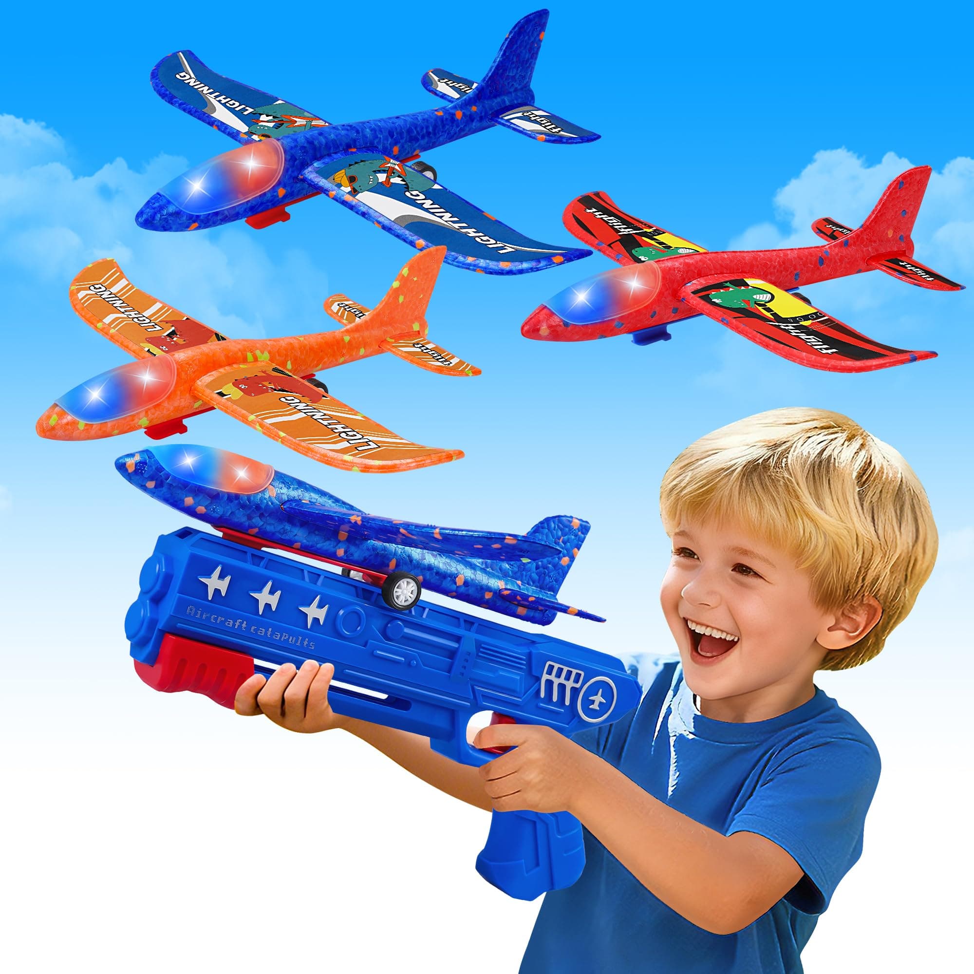 3 Pack Airplane Launcher Toys, 2 Flight Modes LED Foam Glider Catapult Plane, Outdoor Flying Toy for Kids, Birthday Gifts for Boy Girl 3+ Year Old, B-Day Party Supplies