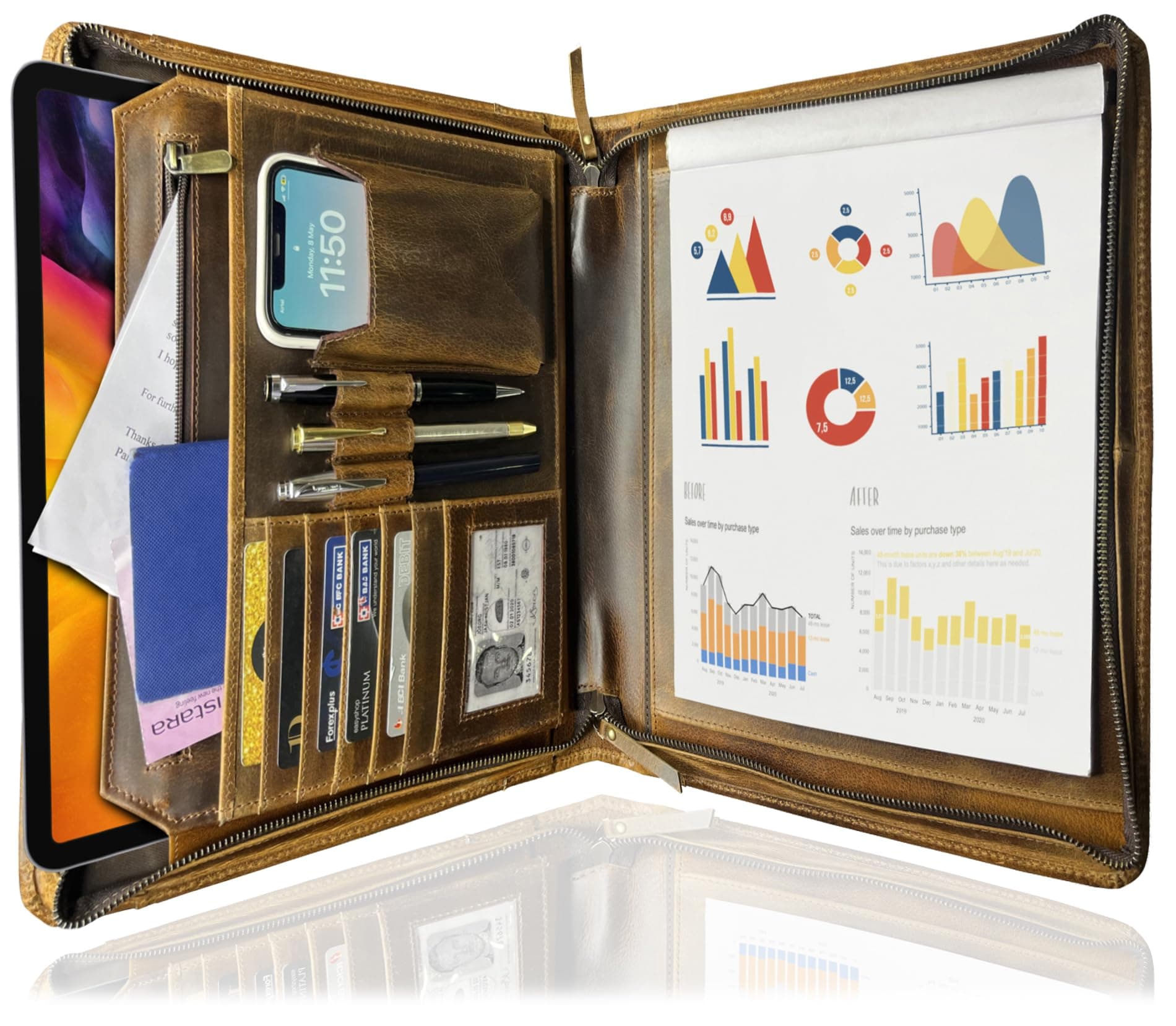 A4 Leather Document Folder - Full Grain Leather Conference Portfolio - Stylish Organizer Folio for Writing Notepad, Pen and Business Card Holder - Zipped Padfolio for Men & Women