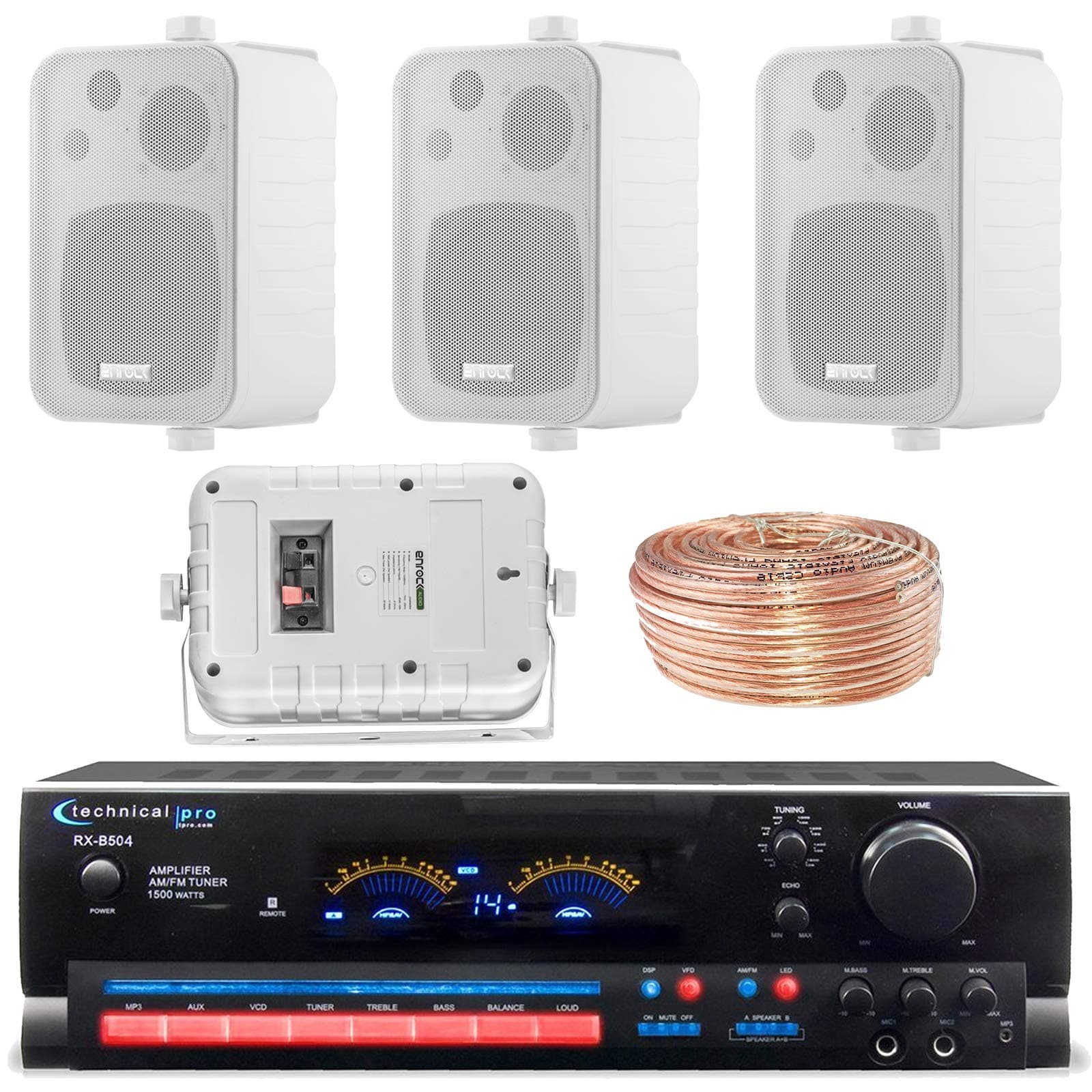 Technical Pro RX505BT 2000-Watt - 2-Channel - Integrated Amplifier & Pre-Amp Stereo Receiver Amp Bundle Combo With 4x Enrock EKMR408W 4" Inch 200-Watt 3-Way White Box Speakers + Enrock 50Ft 18g Wire
