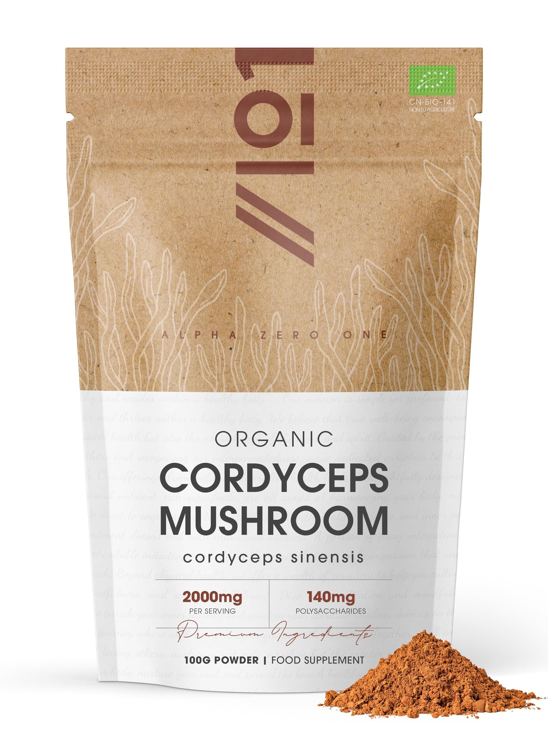 Organic Cordyceps Mushroom Powder 100g – 140mg Polysaccharides Cordycipitaceae Sinensis Supplement – Resealable and Recyclable Pouch by Alpha01