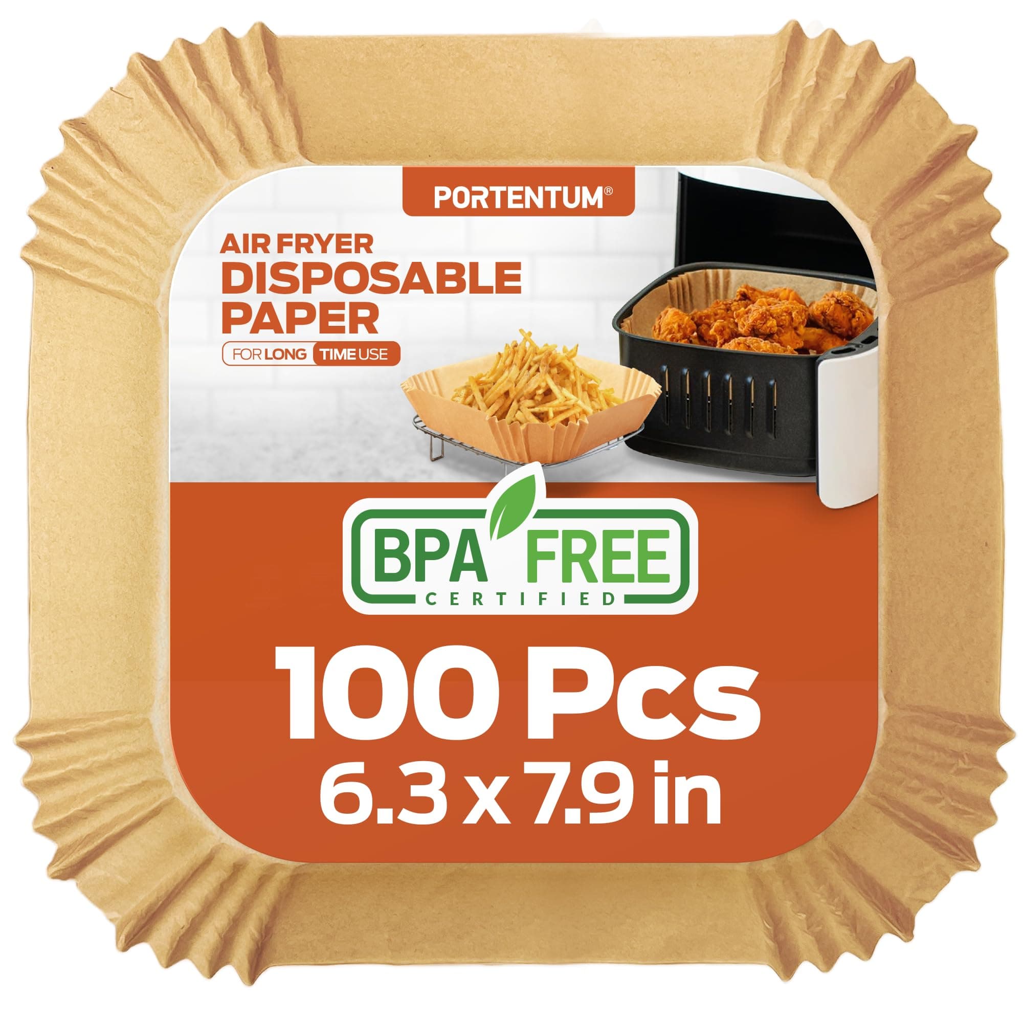 PORTENTUM Air Fryer Liners 100PCS Disposable, Unbleached and Greaseproof. Suitable from 3.5 to 6 liters. Food-Grade Use Baking Paper BPA Free, FDA, and LFGB Certified (Package may vary)
