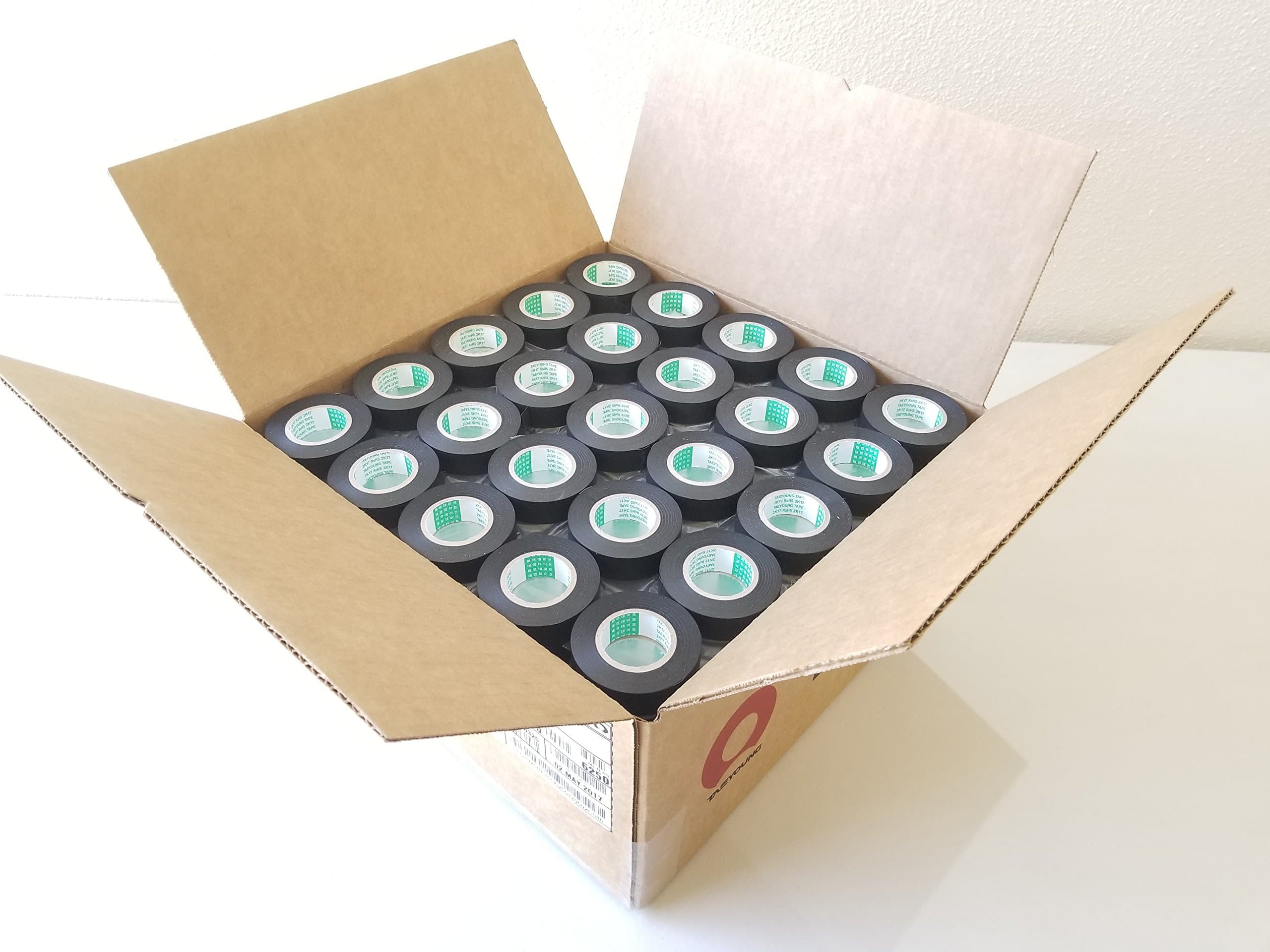 TAEYOUNG OEM PART NO-RESIDUE PVC TAPE <250 ROLLS of 3/4" x 82ft roll> (19MM x 25M,Wire Harness Adhesive,PVC,BLACK)