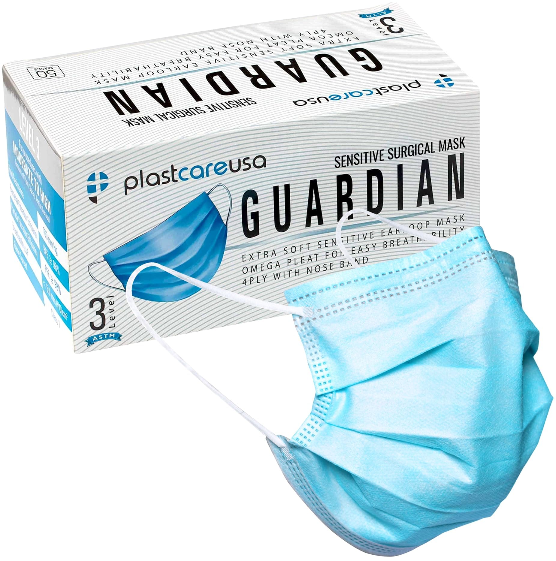 PlastCare USA Box of 50 4-Ply ASTM Level 3 Face Masks, Disposable (Blue)