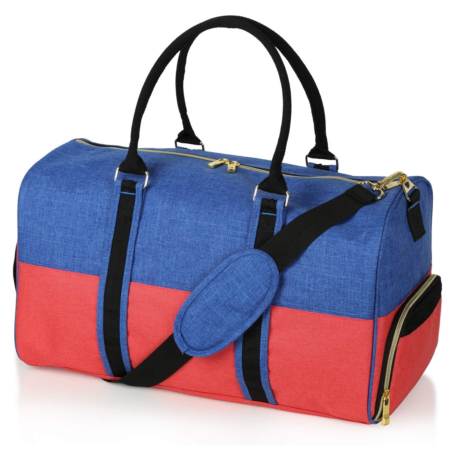 EleSac Canvas Style Duffel Bag for Men and Women with Shoe Compartment – Weekend Bag for Gym Overnight Baggage, (Royal Blue - Coral Red)