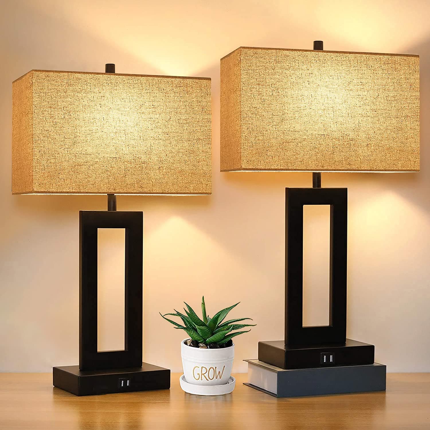 Set of 2 Touch Control Table Lamp with 2 USB Ports, 3-Way Dimmable Modern Nightstand Lamp Sets Bedside Touch Desk Lamp With Fabric Cream Shade For Bedroom Table Living Room Reading, LED Bulbs Included