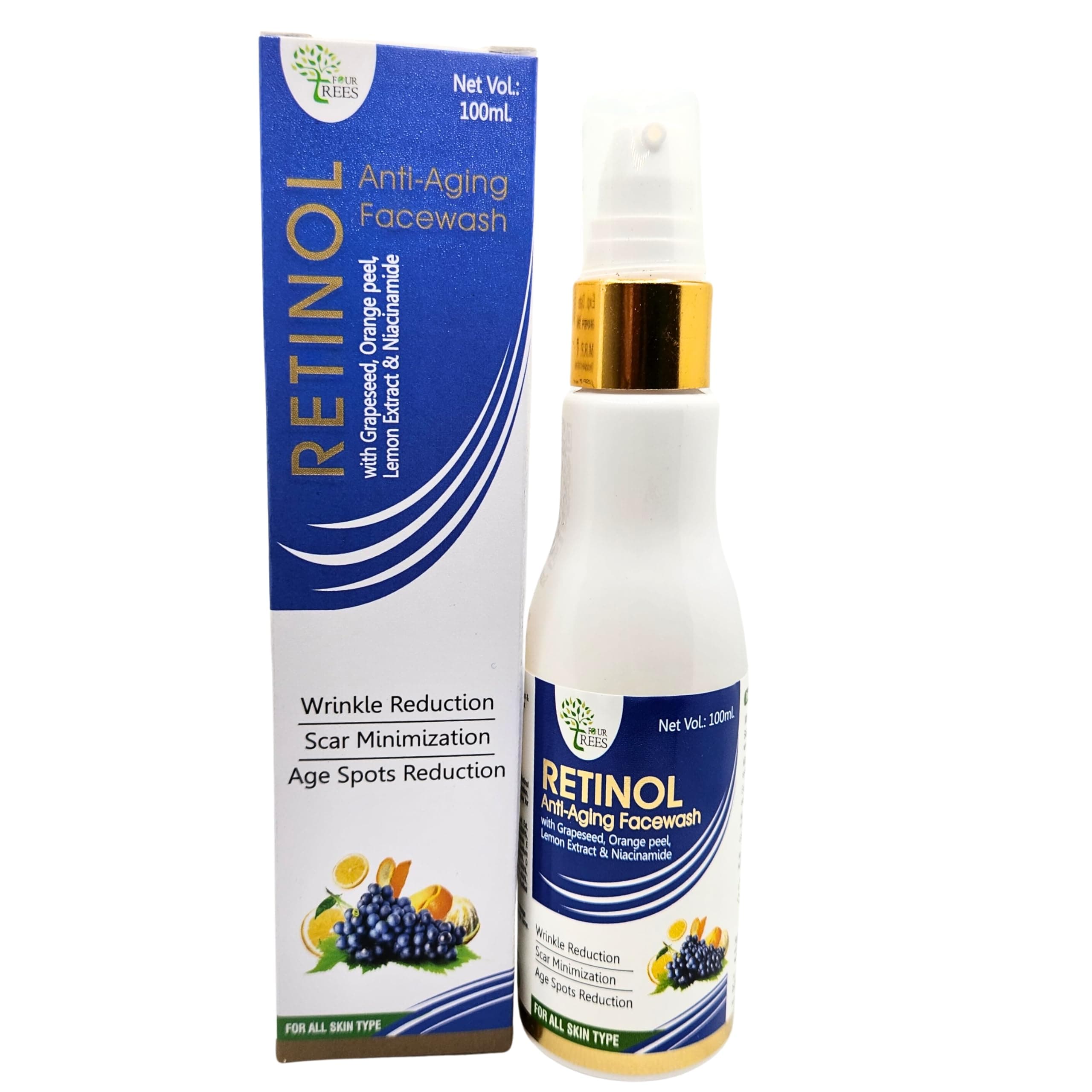 Four Trees Retinol Anti Aging Face Wash | Wrinkle Reduction | Scar Minimization | Age Spots Reduction | For Men & Women | 100ml