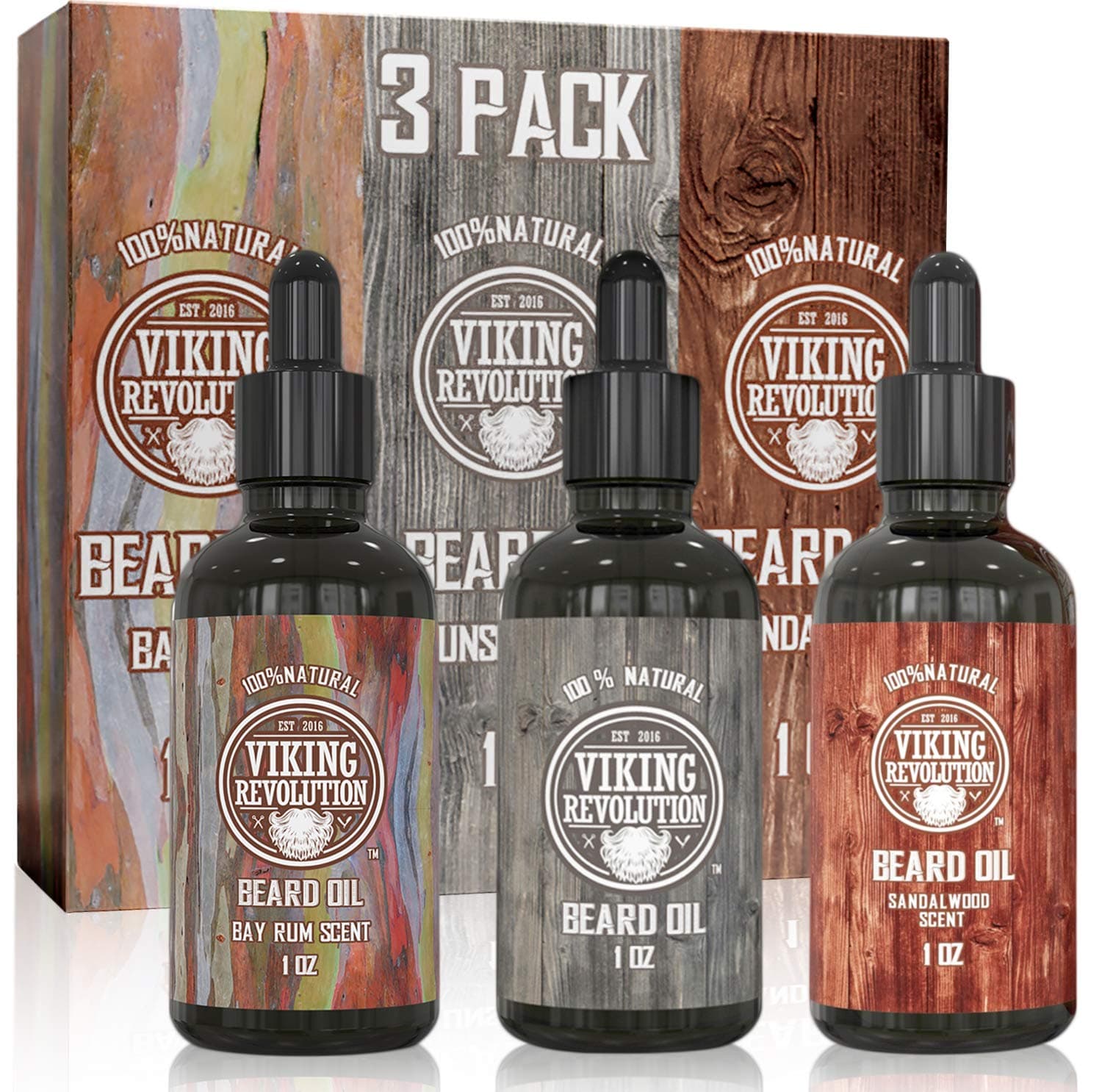 Viking Revolution - Beard Oil - All Natural Variety Beard Oil For Men With Argan & Jojoba Oils - Bay Rum, Unscented, Sandalwood - Softens, Smooths & Strengthens - Gifts For Men - 3 Pack, 3 x 30 ml