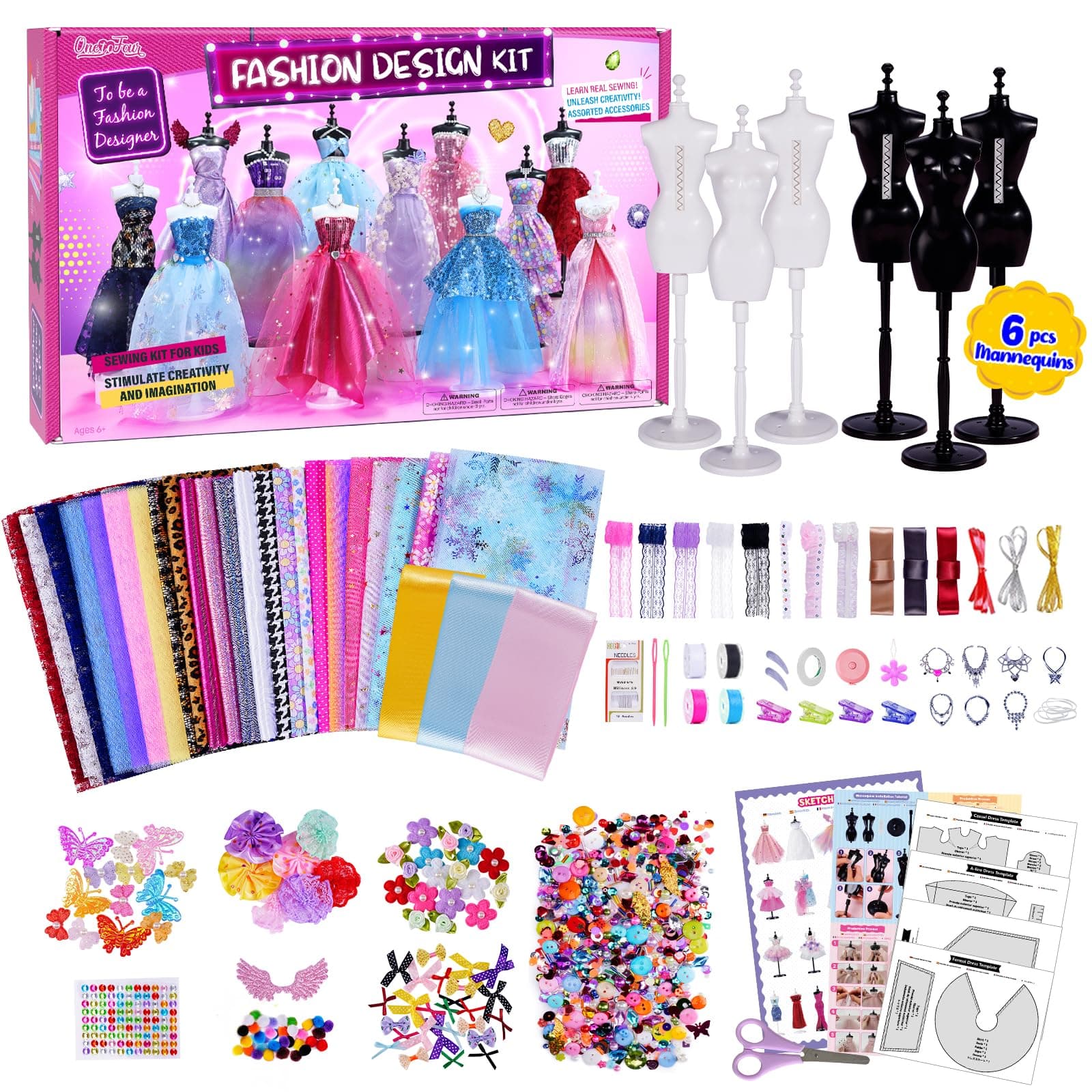 800+Pcs - Fashion Designer Kit for Girls with 6 Mannequins - Creativity DIY Arts and Crafts Kit Educational Toys - Sewing Kit for Kids Ages 8-12 - Teen Girls Kids Birthday Gift Age 6 7 8 9 10 11 12+