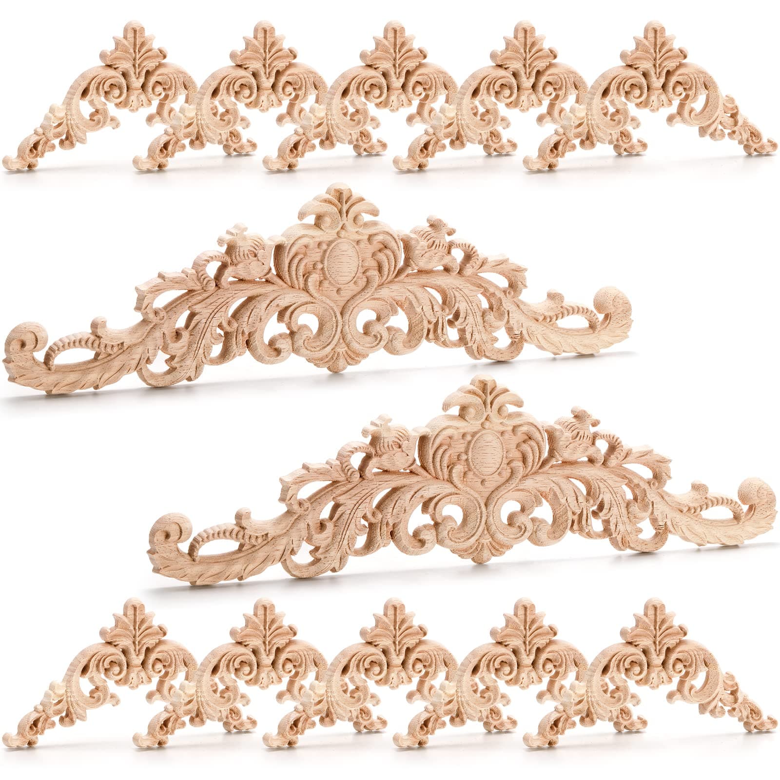 Coloch 12 Pieces Wood Appliques Onlays, Decorative Wooden Applique Trim Carved Unpainted DIY Onlay for Bed, Door, Cabinet, Dresser, Wardrobe, Furniture Decoration, 2 Sizes