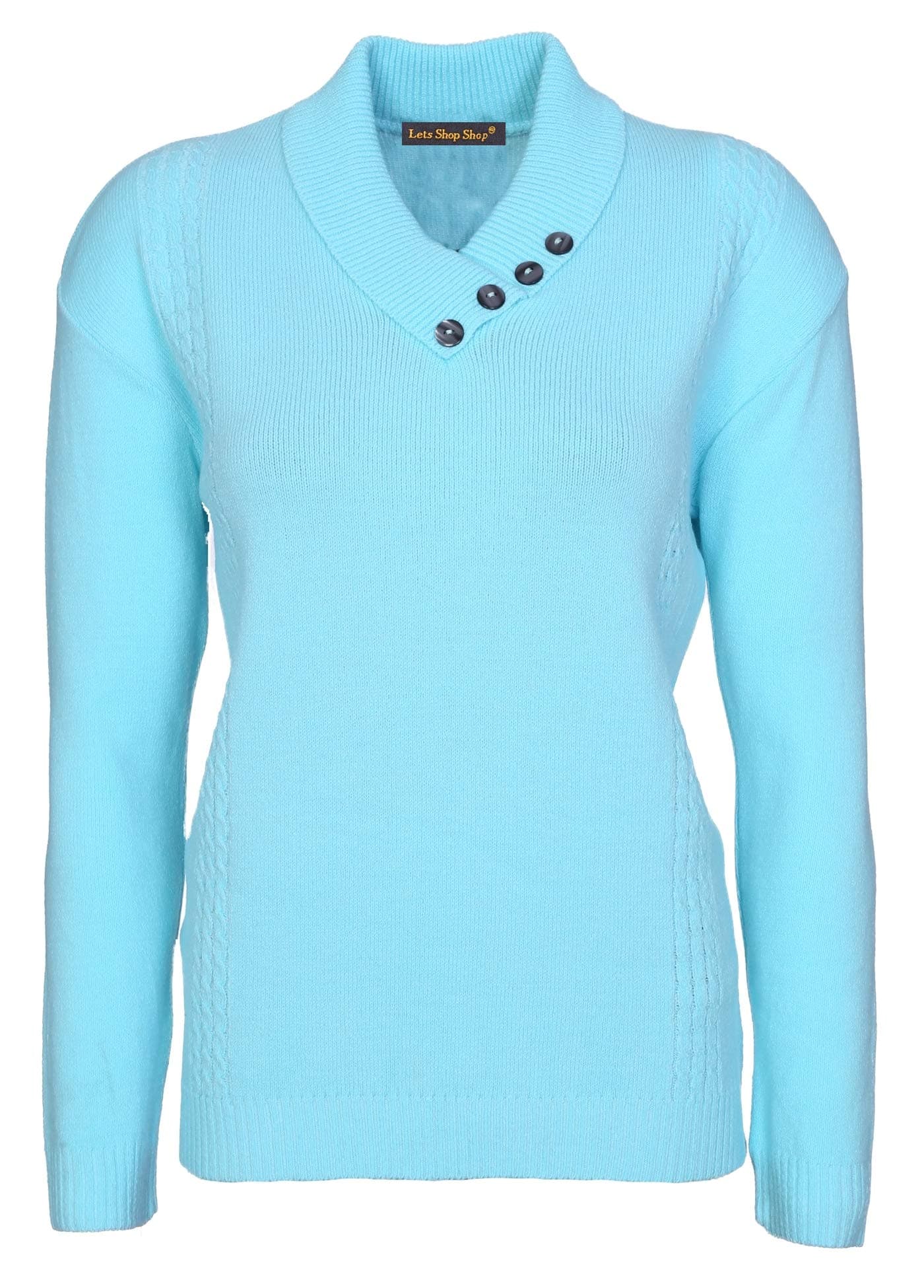 Lets Shop Shop New Womens Ladies Button Collar Long Sleeve Top Knitted Jumper Pullover Sweater Plus Size 12 14 16 18