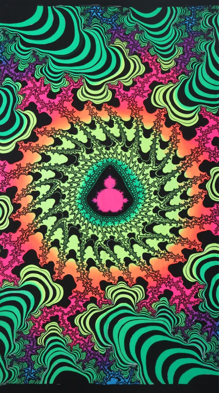 Psychedelic Tapestry 'Fractal Sizzler' - Hand-Painted & Silkscreen Batik Wall-Hanging - UV Active Wall-Hanging -Trippy Wall Art - Black Light Active - Trippy Fantasy Tapestry