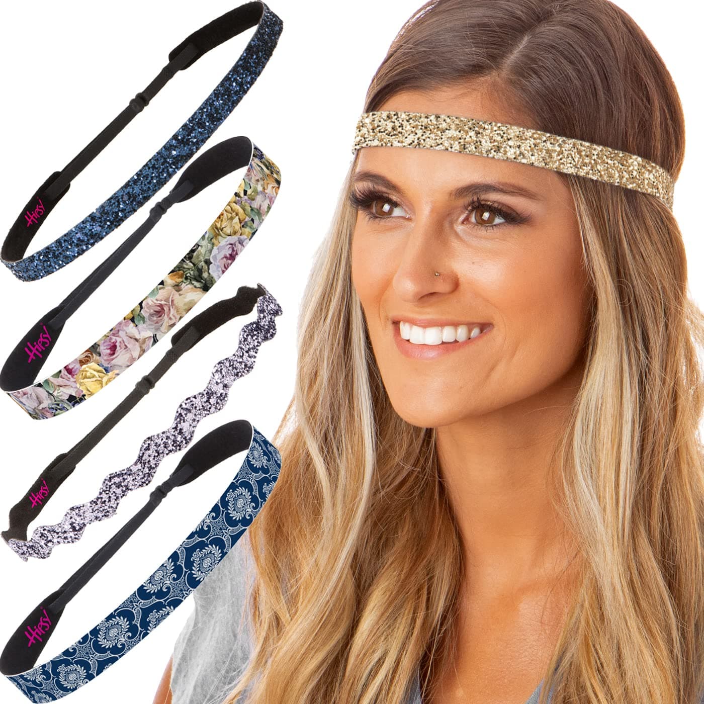 Hipsy Women's No Slip Headband Adjustable Blue & Gold (Blue & Gold Renaissance 5pk)