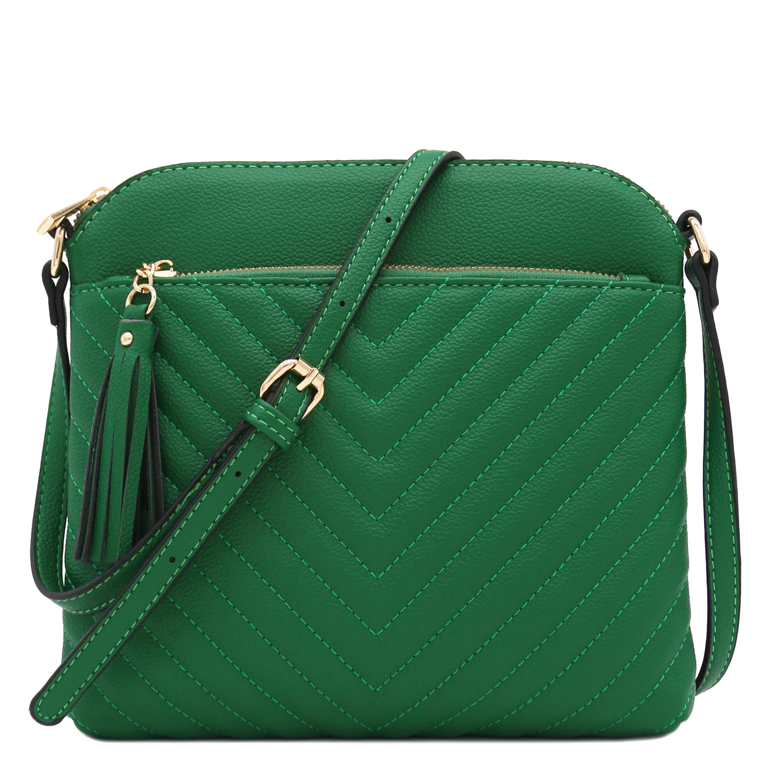 Chevron Quilted Medium Crossbody Bag with Tassel Accent