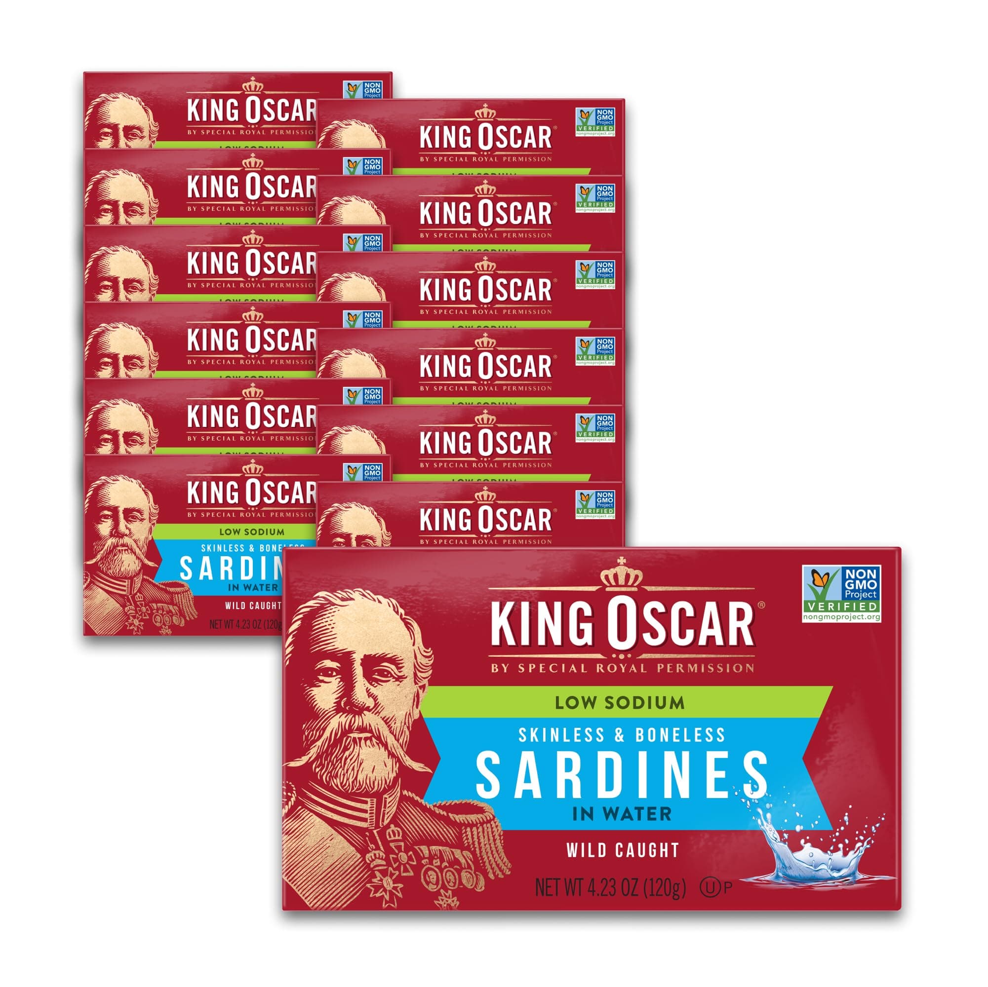 King Oscar Sardines in Water, 4.23 Ounce Cans (Pack of 12, Packaging May Vary), Skinless & Boneless, Wild Caught Canned Sardines, Low Sodium