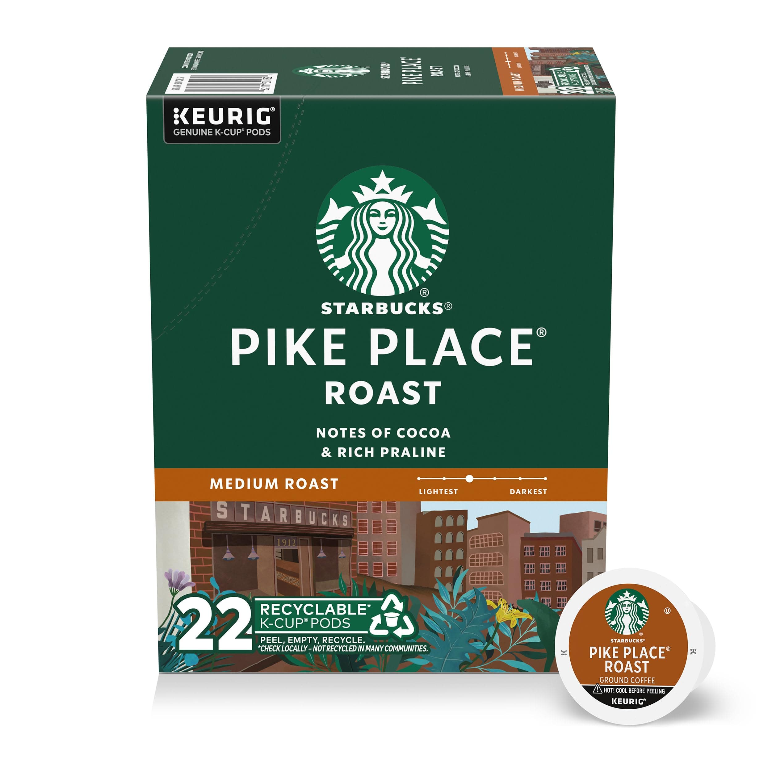 Starbucks K-Cup Coffee Pods, Medium Roasted Coffee, Pike Place Roast for Keurig Coffee Machines, 100% Arabica, 1 Box (22 Capsules)