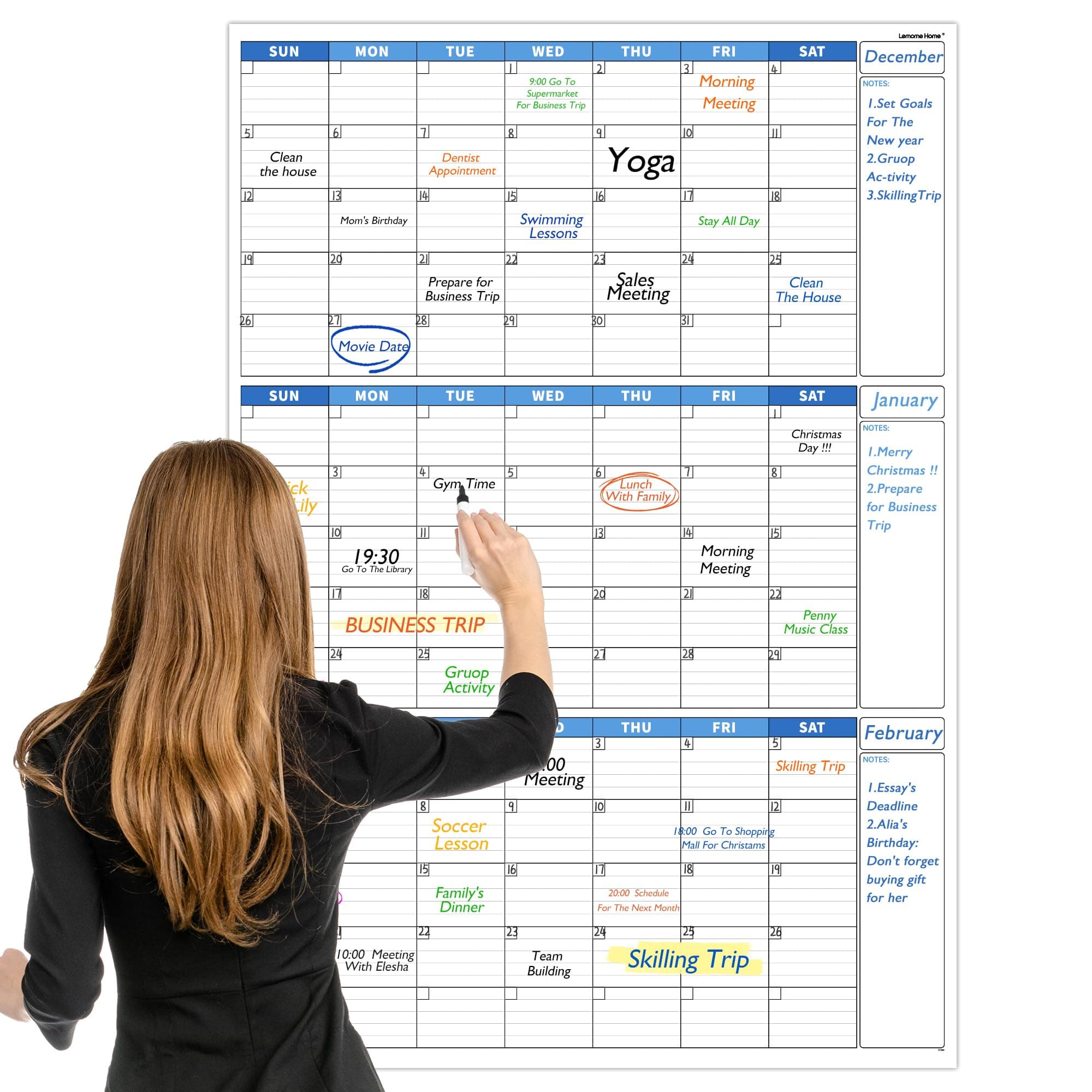 Large Dry Erase Calendar for Wall - Undated 3-Month Wall Calendar, 28" x 40", Dry Erase Calendar for Wall, Wall Calendar Dry Erase, Vertical, Blue