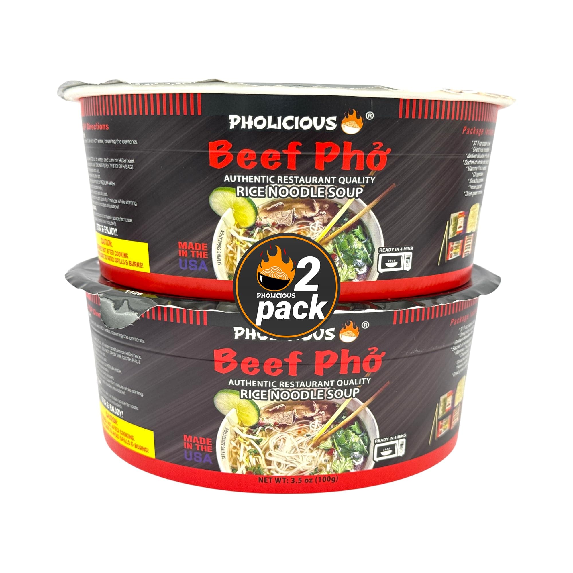 PhoLicious Instant Beef Pho, Authentic Vietnamese Rice Noodle Soup Kit with Spices & Broth Mix, Ramen Noodles Alternative, Quick Microwave Meal - Pho Noodles Bowl - Beef Flavor (2 Pack)