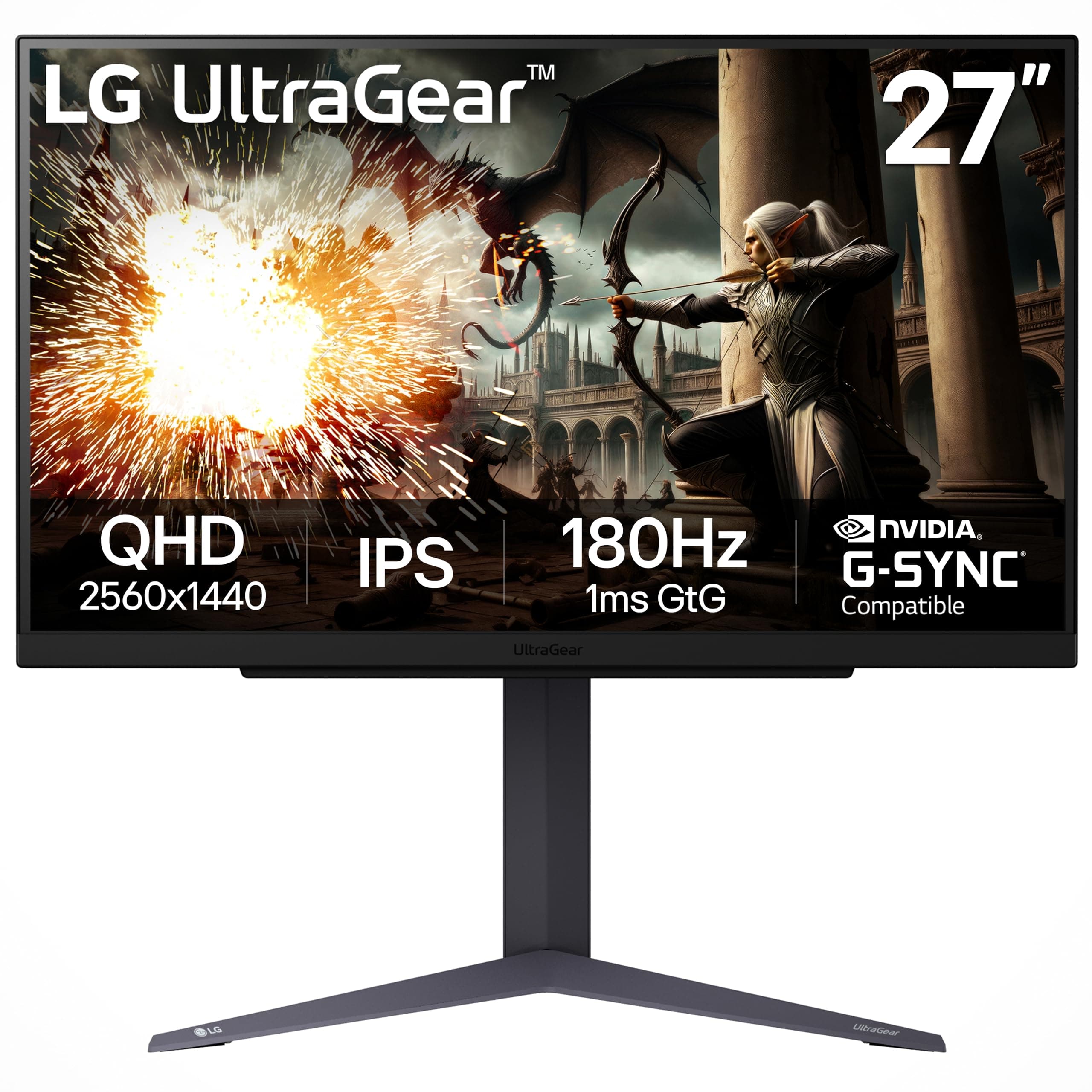 LG 27GS75Q-B 27-inch Ultragear QHD (2560x1440) Gaming Monitor, 180Hz (O/C 200Hz), 1ms, IPS, NVIDIA G-SYNC Compatible, AMD FreeSync, HDR10, Tilt/Height/Pivot Stand, HDMI, DisplayPort, Black
