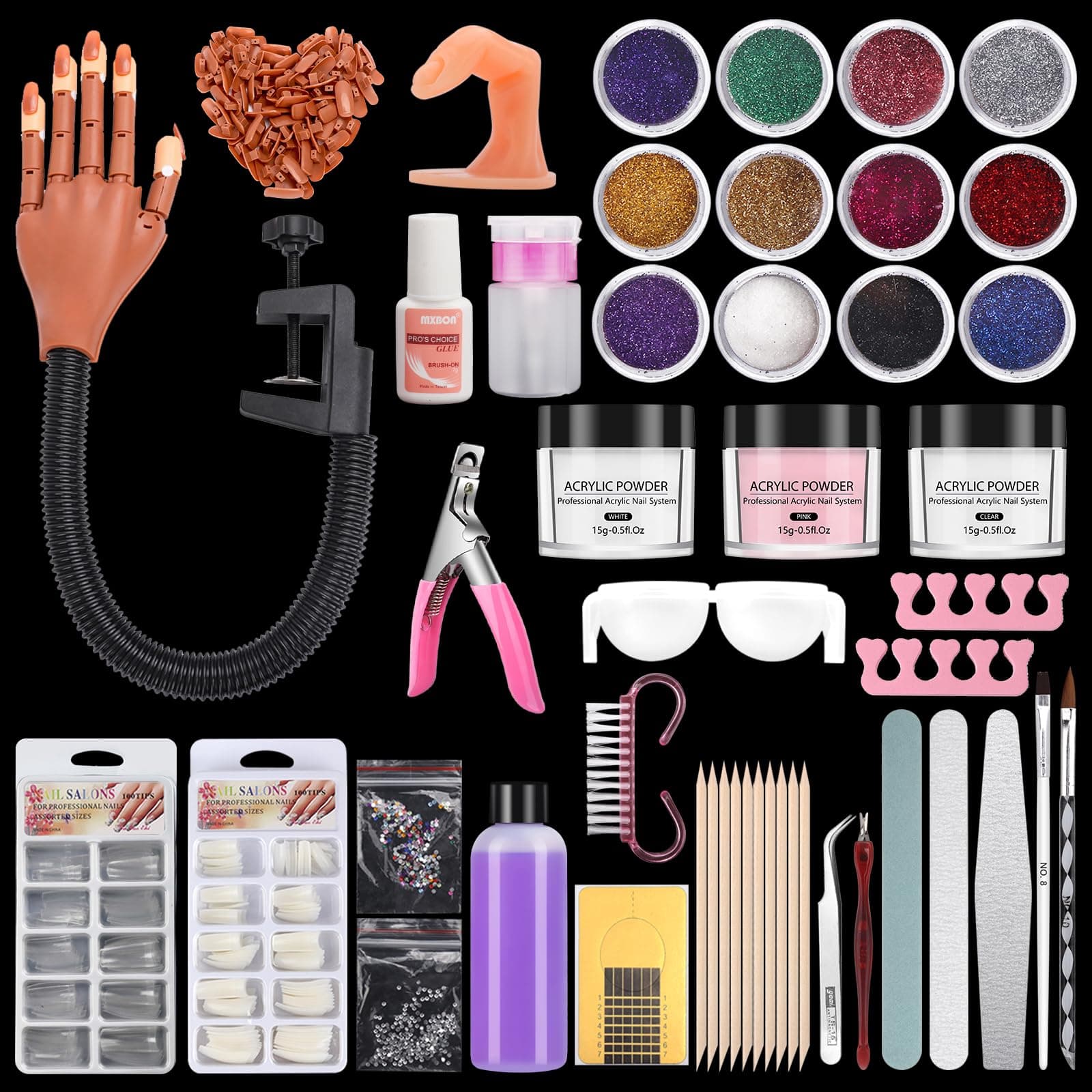 LIONVISON Practice Hand for Acrylic Nails,Flexible Nail Practice Hands Fingers with Acrylic Nail Kit,Fake Nail Mannequin Hand Acrylic Powder Brush Nail Art Decoration Tools for Professional Beginners