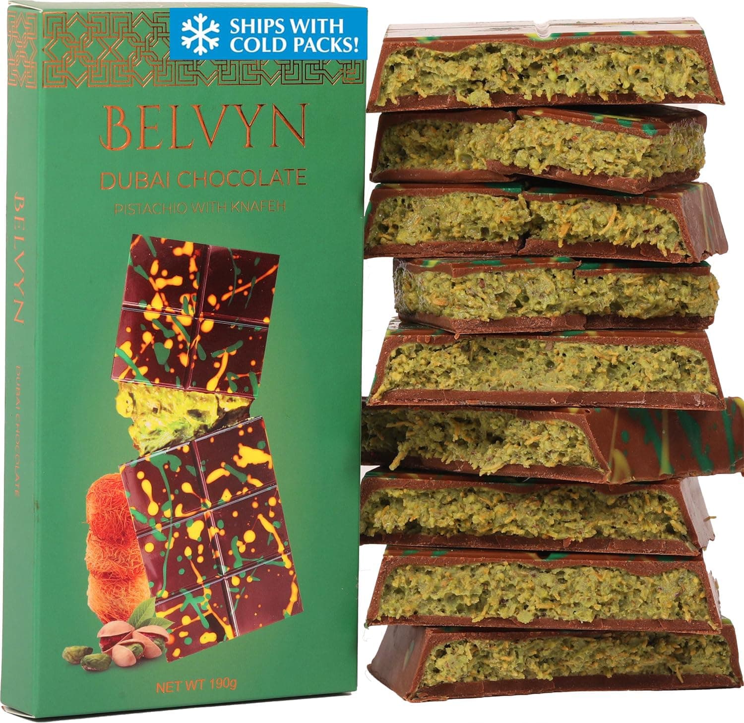 Belvyn Dubai Chocolate Bar Pistachio Deluxe 7 oz Bar, Rich Milk Chocolate, Luxurious Pistachio Filling with Crisp Kataifi Threads, Iconic Dubai Knafeh Treat