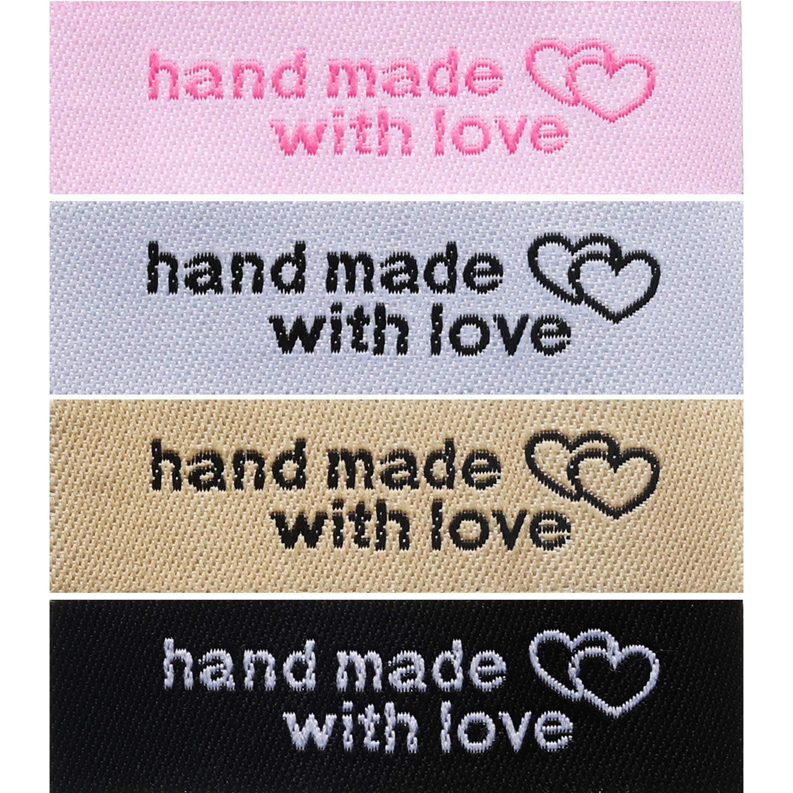 Boao 120 Pieces Personalized Sewing Labels Sew on Clothing Labels Handmade Interlocking Heart Pattern Label Tags for Handmade Items Clothes, White, Black, Pink, Brown