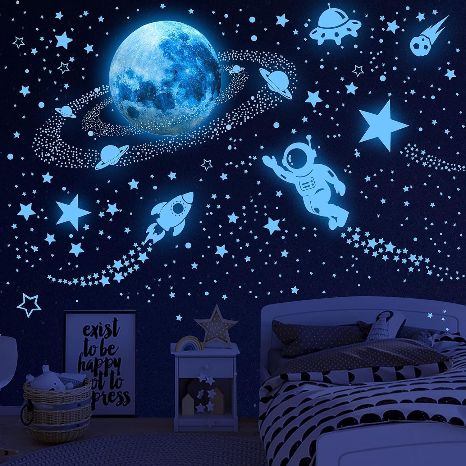 531Pcs Glow in The Dark Stars and Planet Wall Stickers,Galaxy Astronaut Rocket Spacecraft Alien Decoration,Planet Wall Decals,Bright Solar System Wall Stickers for Kids, lanets Spaceship Stars Blue