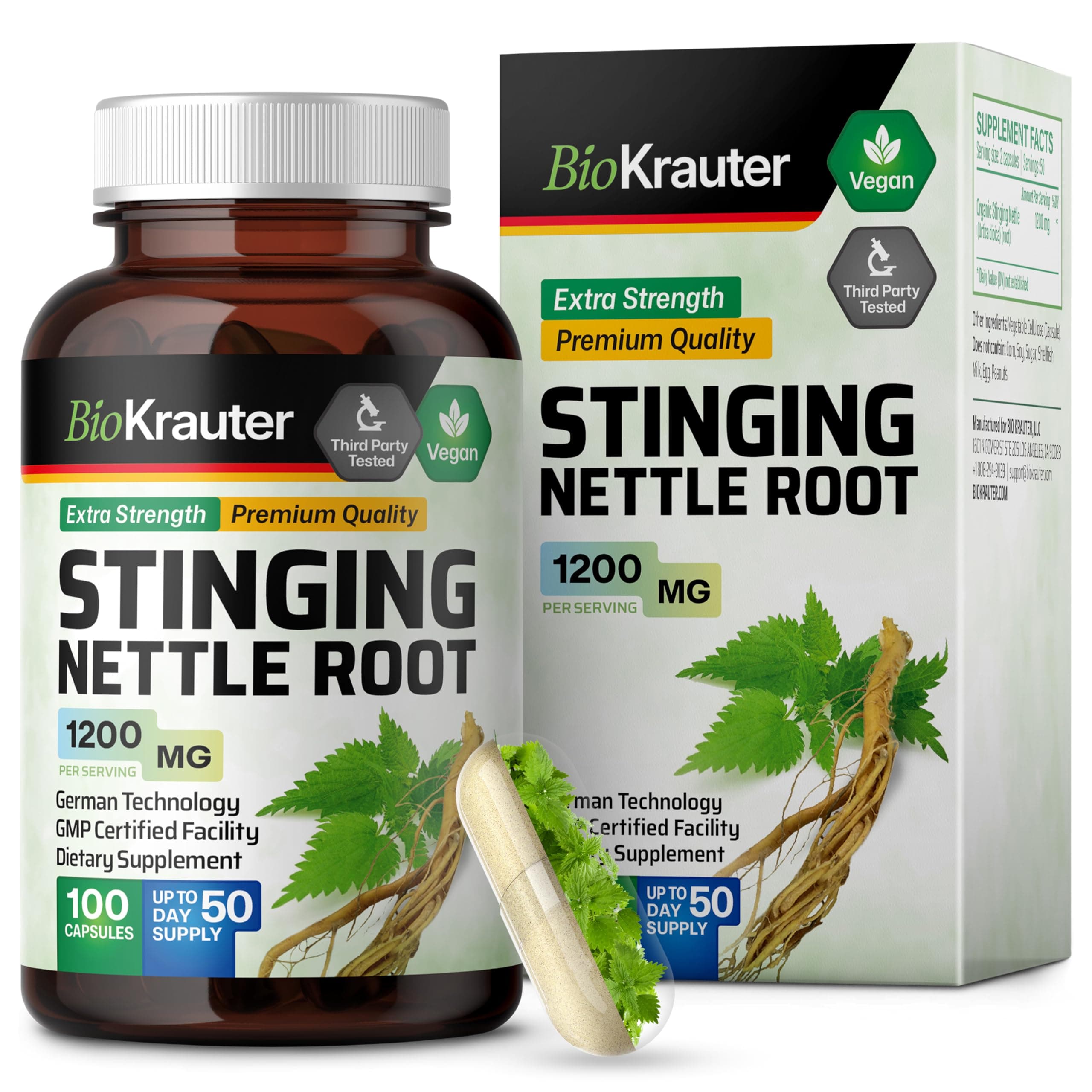 BIO KRAUTER® Stinging Nettle for Seasonal Support - Stinging Nettle Root Supplement (Urtica Dioica) 1200 mg for Urinary Tract Support & Daily Wellness - 100 Capsules, 50 Days of Supply, Non-GMO