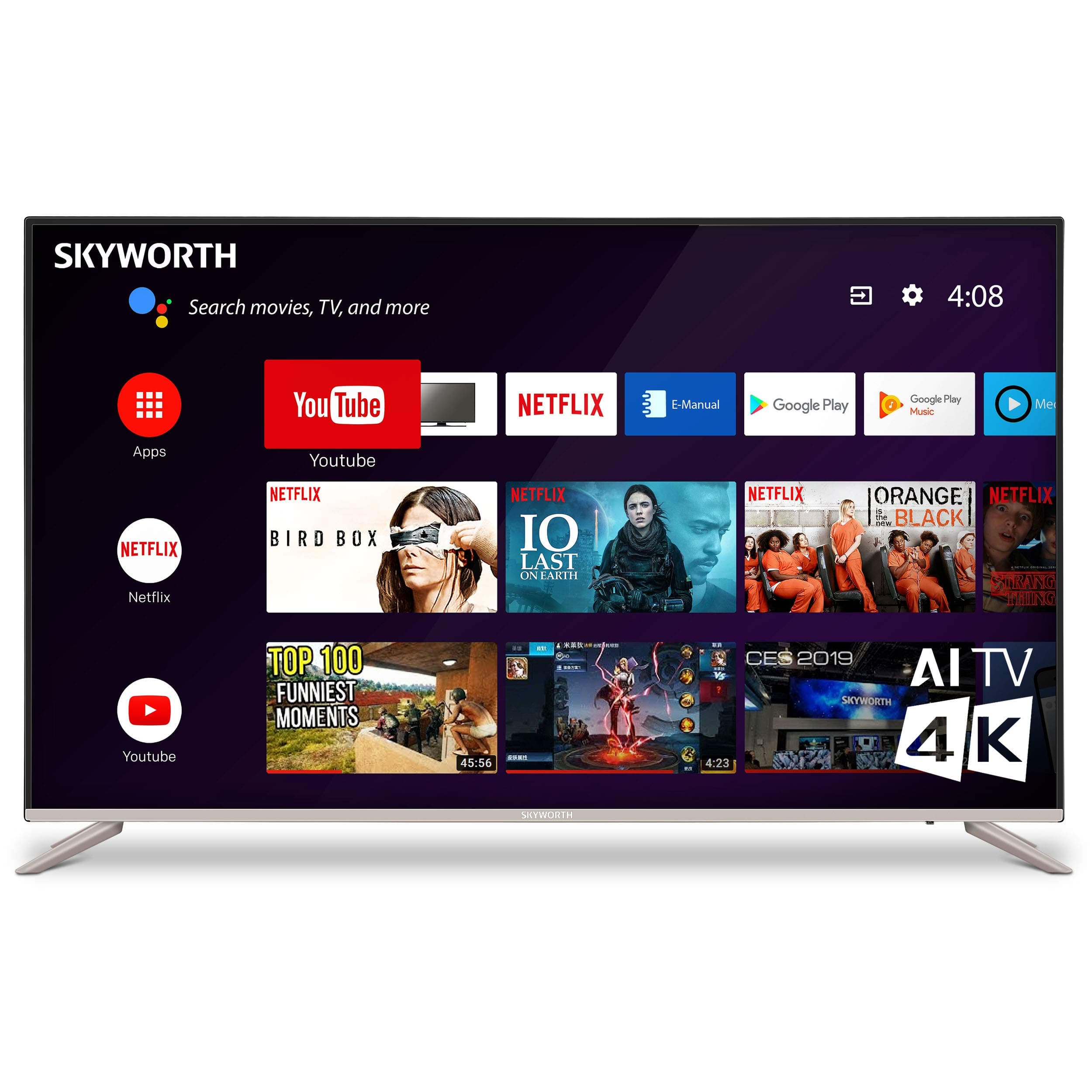 SKYWORTH G2A Series 55" 4K 2160p UHD HDR 60Hz LED Smart Android TV Chromecast A53 Quad-Core 60Hz 55G2A