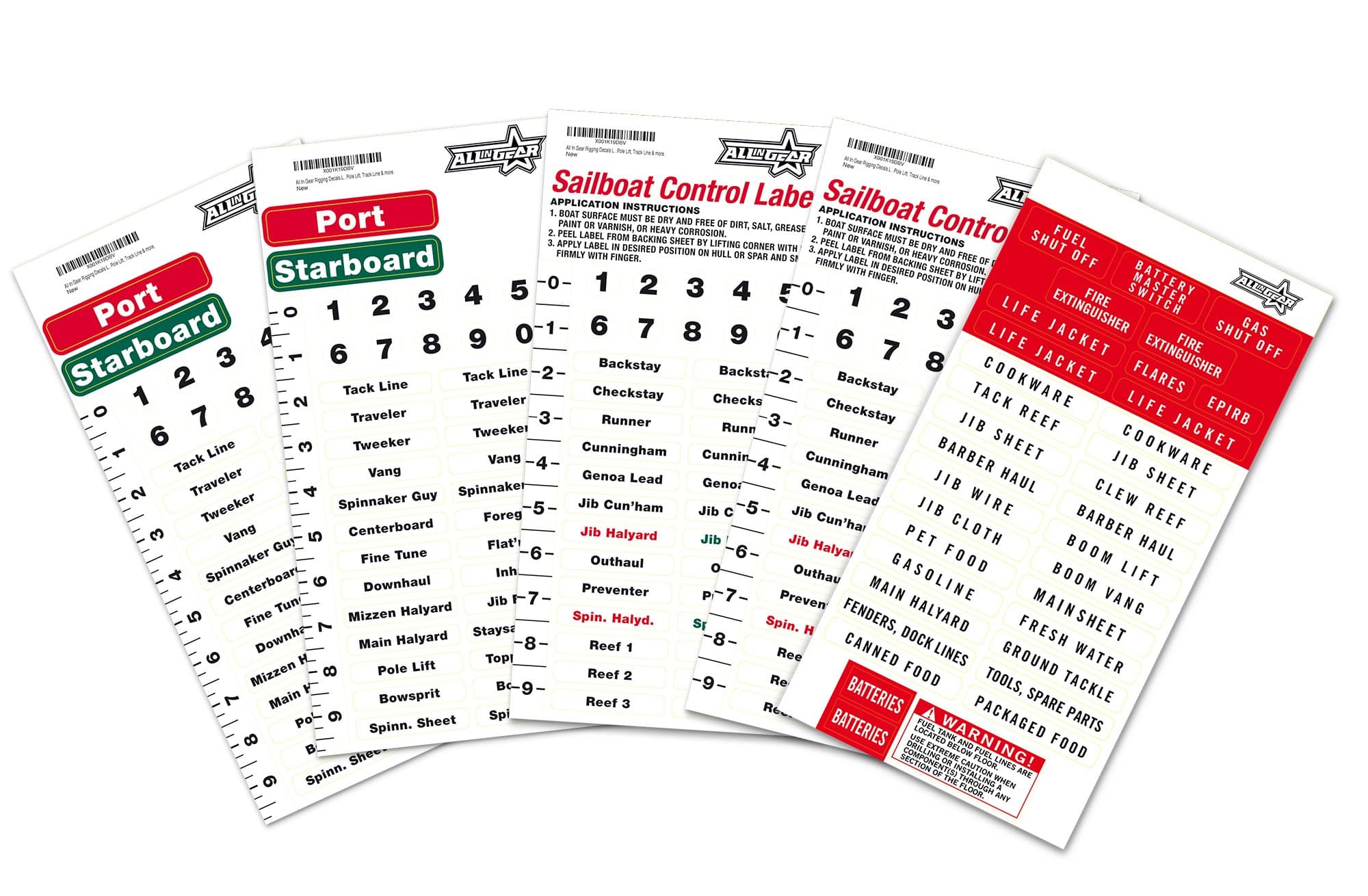 All In Gear Rigging Decals Labels For Sailboat Controls, Lines Clutches And More. Adhesive Back and Resist Fuel, Fading & Scratches. Fits Rope Clutch Handles, Boom, Jib, Pole Lift, Track Line & more.