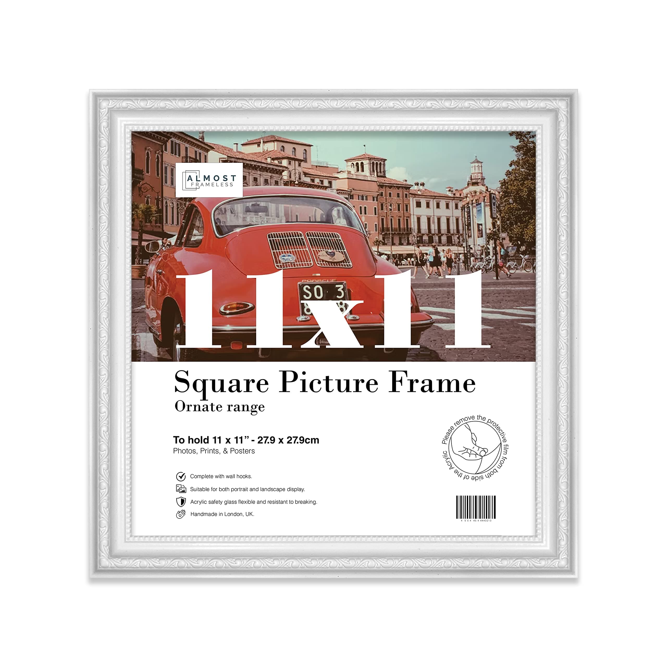 11x11 White Ornate Picture Frame 11"x11"(27.9x27.9cm) Poster, Photo, Artwork, or Print. Opulent Style Portrait and Landscape Display with Wall Hooks