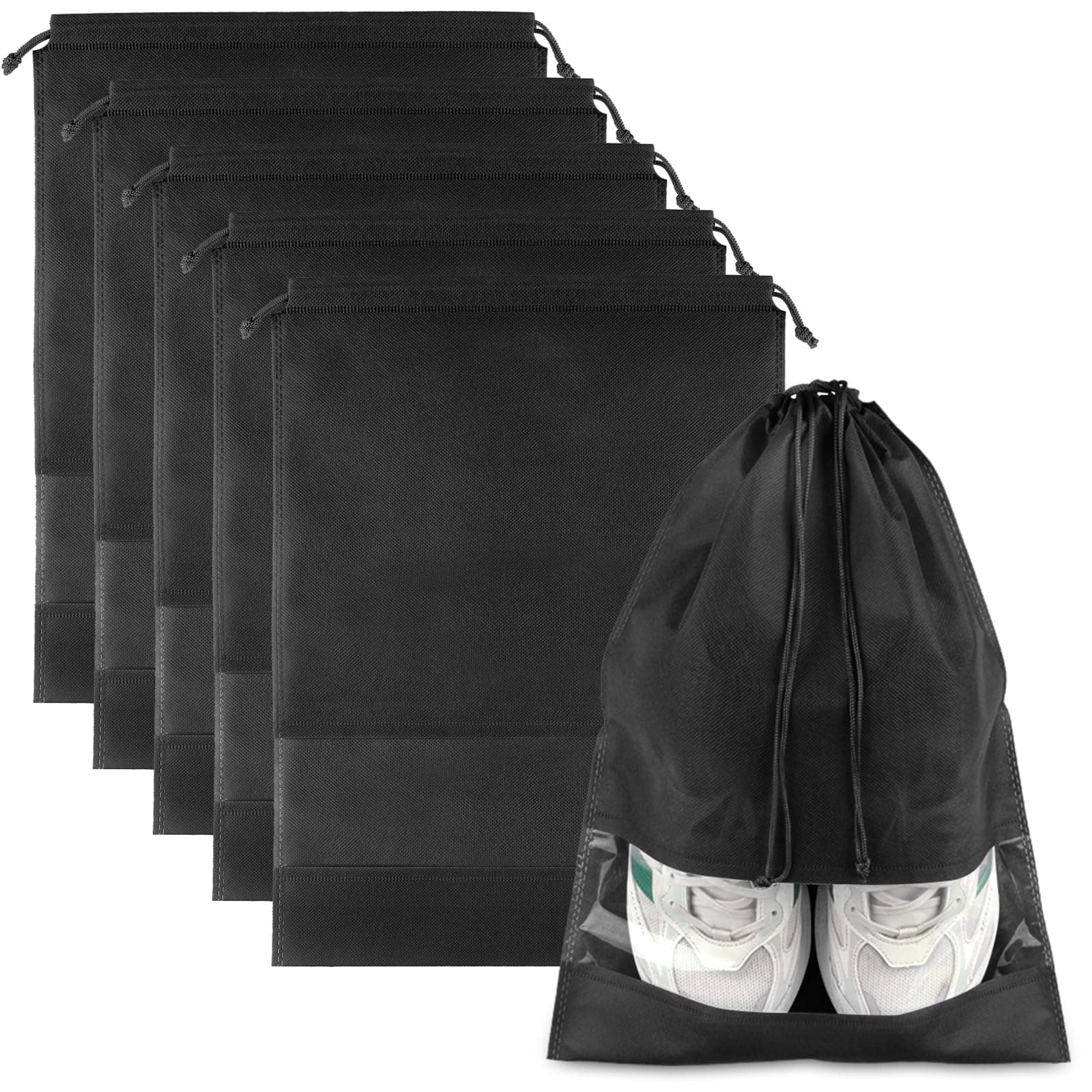 Large Black Travel Shoe Bags - 5 Pcs with Clear Window, Non-Woven Drawstring, 12.6" X 17.3" for Men Women