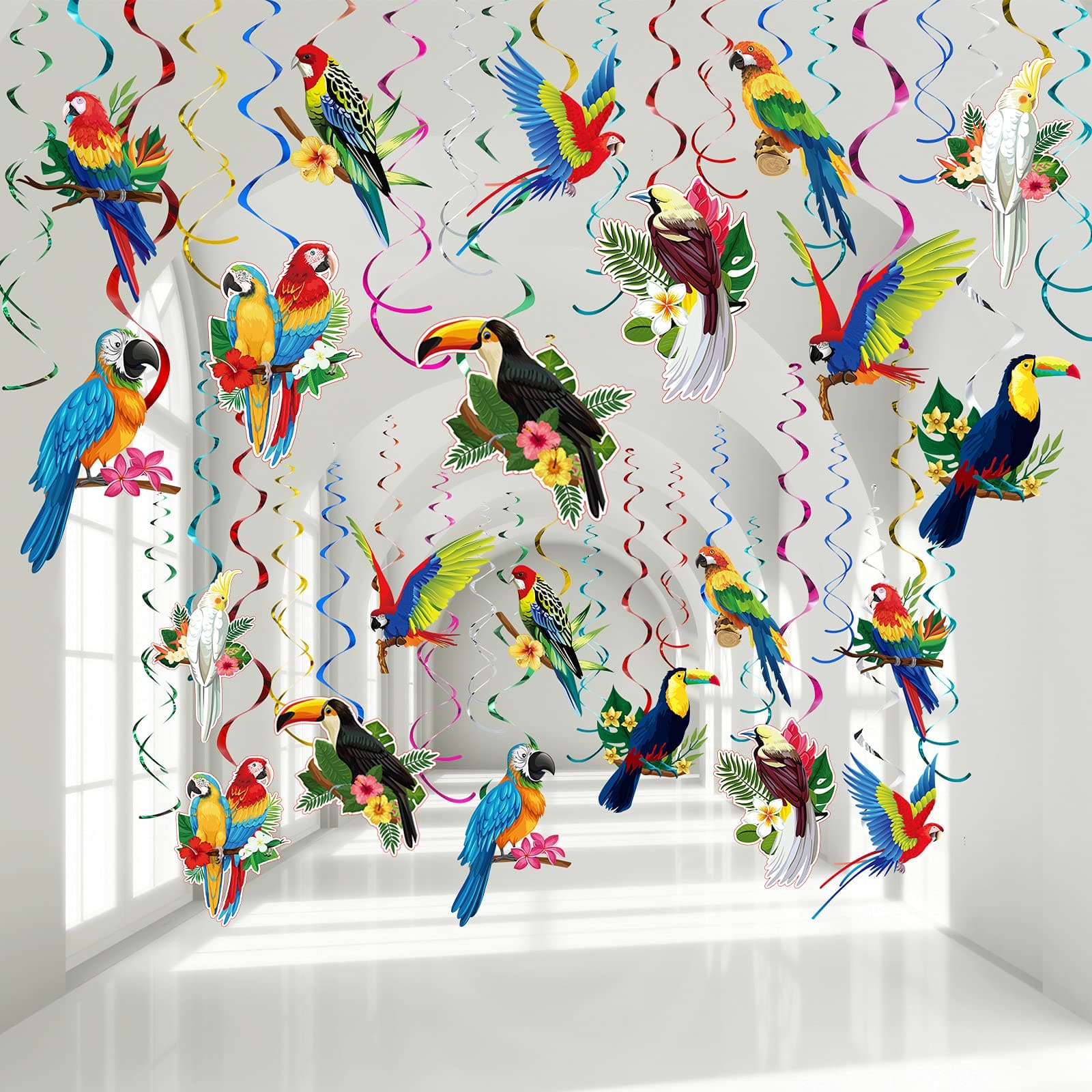 Outus 30 Tropical Birds Decorations, Tropical Hawaiian Toucan Parrot Party Hanging Swirl Foil Ceiling Decor for Summer Luau Hawaiian Beach Pool Party Tiki Party Wedding Birthday Party Supplies