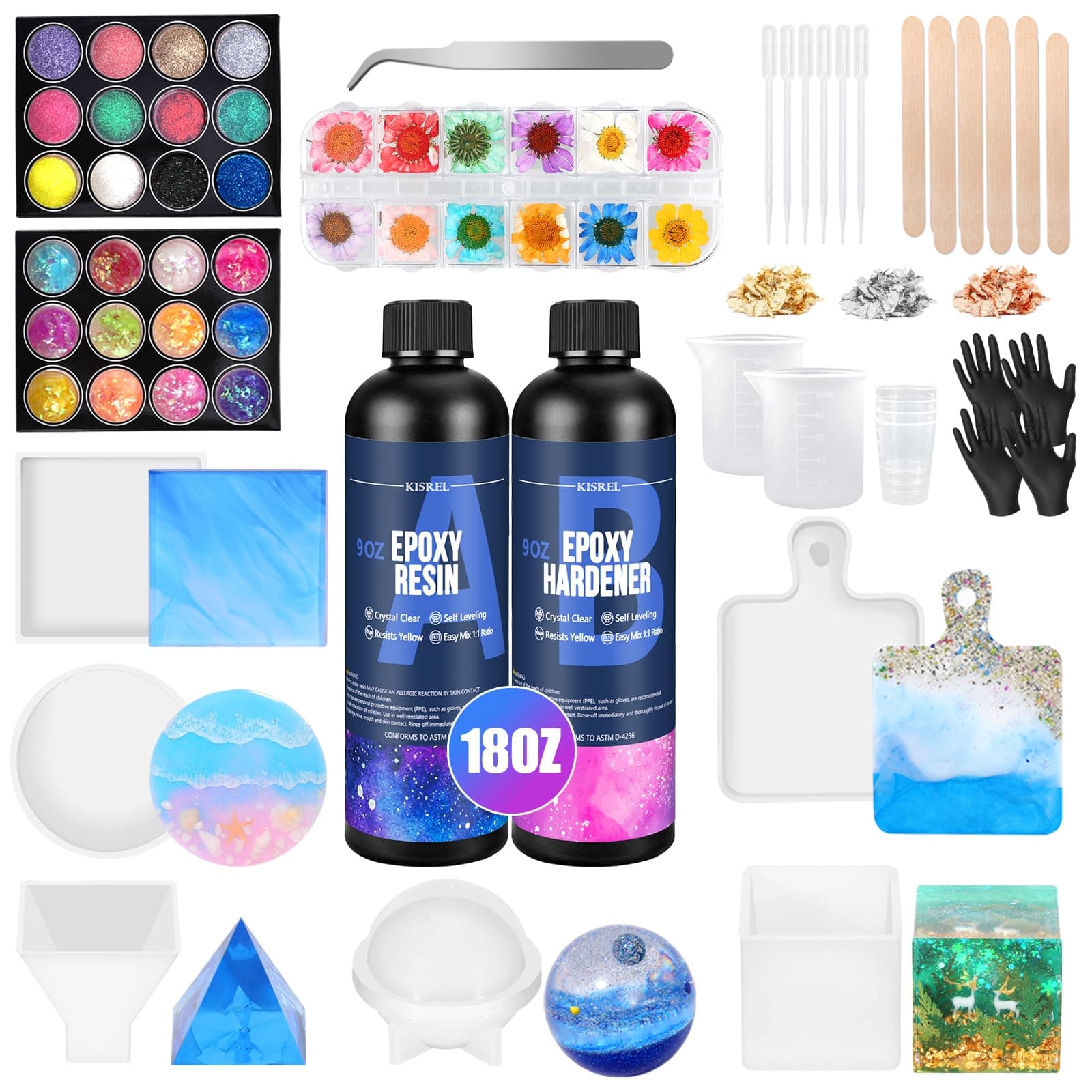 KISREL Epoxy Resin Kit for Beginners, Resin Kit with Molds, 18OZ Epoxy Kit with Dried Flowers, Measuring Cups and Resina Supplies