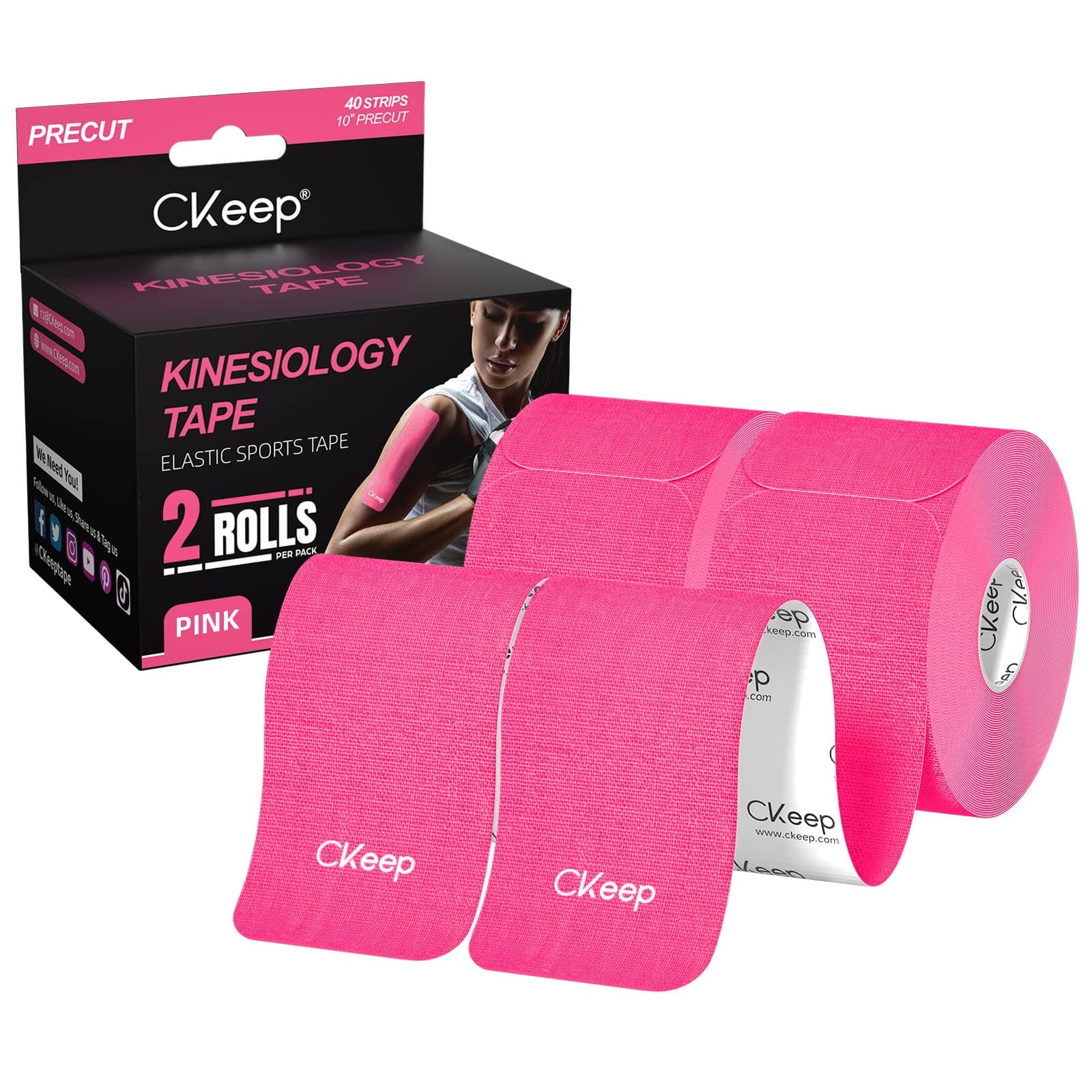 Kinesiology Tape (2 Rolls), Original Cotton Elastic Premium Athletic Tape,33 ft 40 Precut Strips in Total,Hypoallergenic and Waterproof K Tape for Muscle Pain Relief and Joint Support,Pink