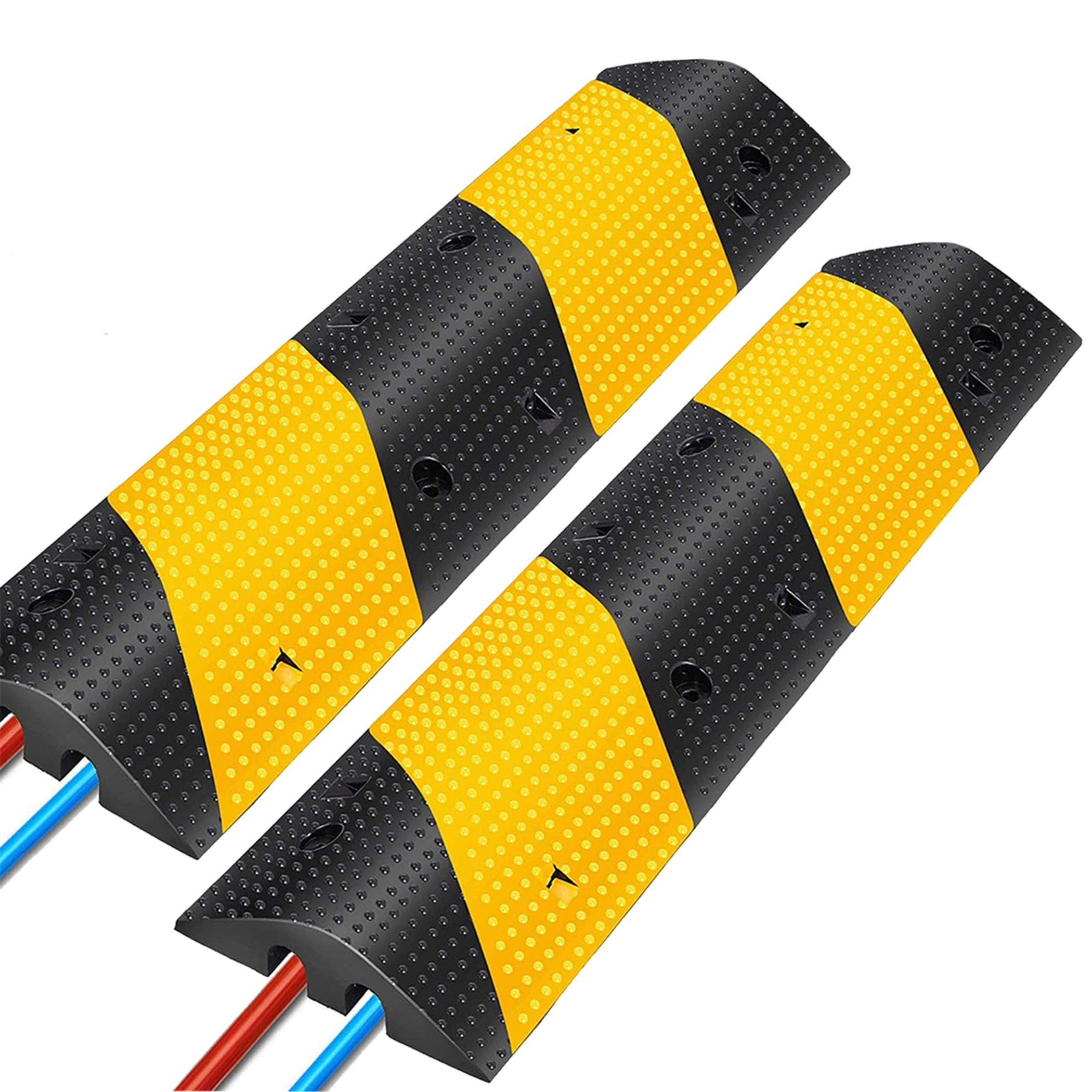 2PC Rubber Traffic Speed Bumps w/ 2 Channel Heavy Duty Modular Driveway Speed Bump Black Yellow Cable Protector Ramp for Garage Loading Dock Parking Lot Entrances Exits for SUV Truck RV Fork