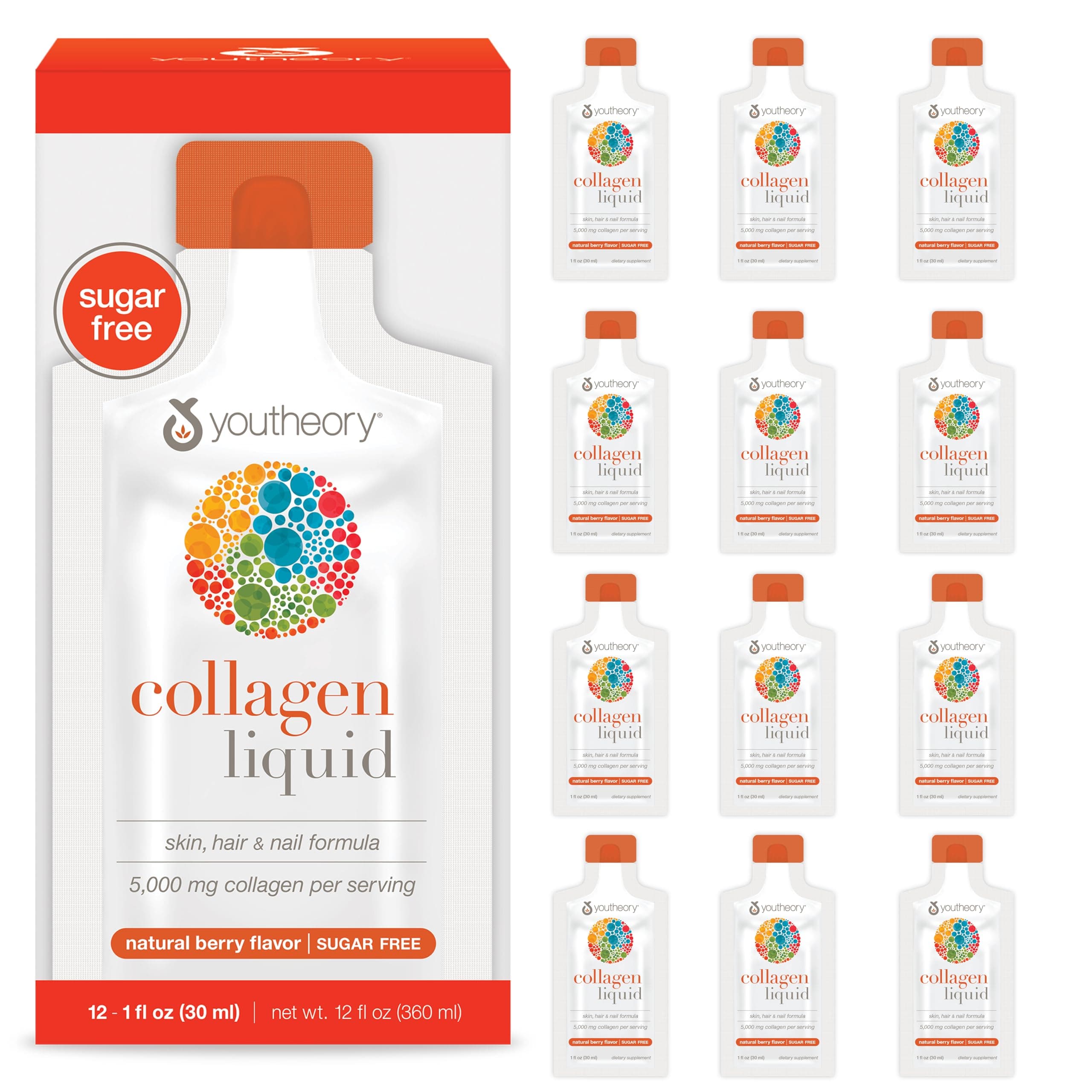 Collagen Liquid - 5,000 mg Hydrolyzed Collagen Peptides - Supports Hair, Nail, Joint & Bone Health* - Berry Flavor - 1 oz Single Serve Packet, Pack of 12