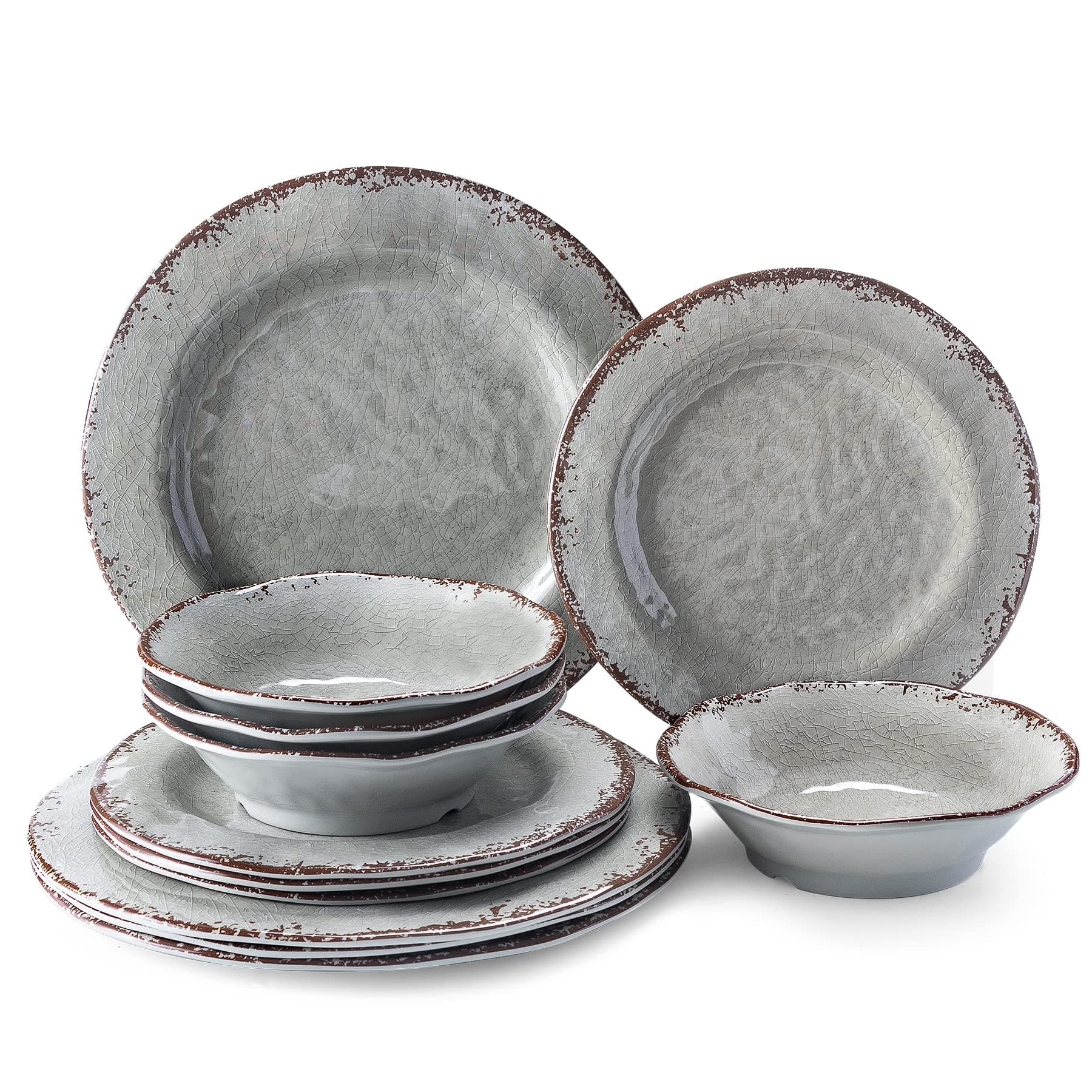 LEHAHA Farmhouse Melamine Dishes Dinnerware Set, 12 Piece Rustic Plates and Bowls Great for Picnic, Camping, Service for 4, Reusable and Dishwasher Safe, Indoor and Outdoor Use