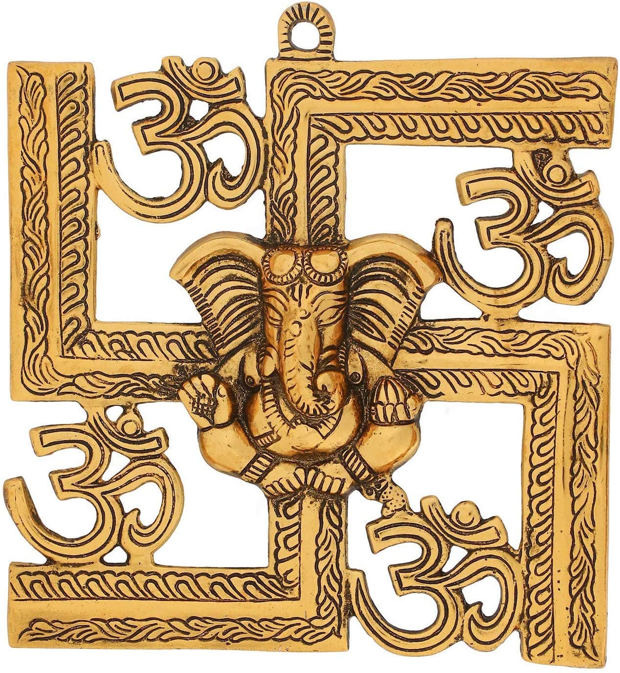Puja N Pujari Ganesh Idol on Om Swastik Metal Wall Hanging for Home Decor (9 X 9 Inches),Gold