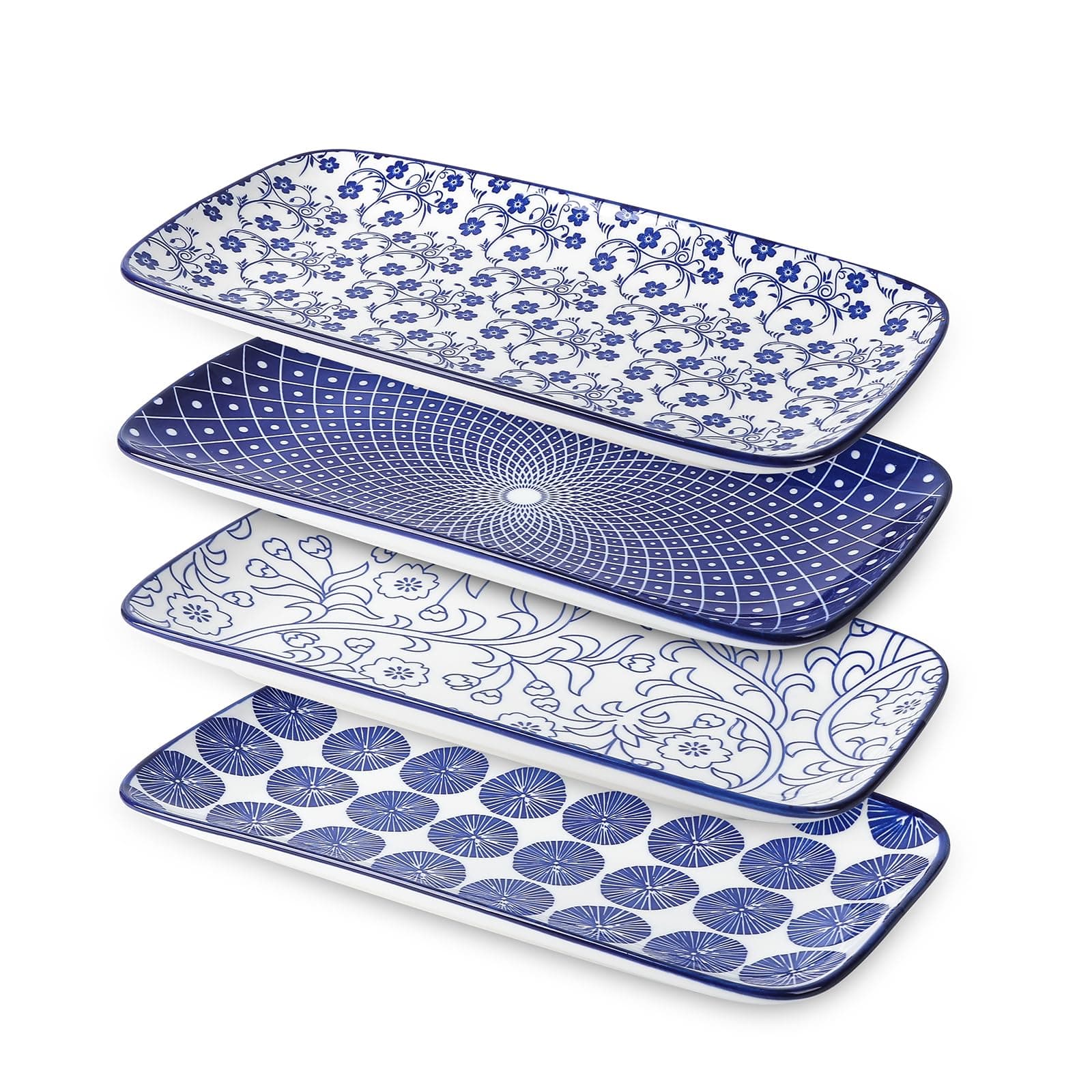 Selamica Ceramic Serving Platters, 14 Inch Serving Trays for Party Entertaining, Large Rectangular Serving Plates for Appetizer, Charcuterie, Dessert, Fruit, Set of 4, Vintage Blue