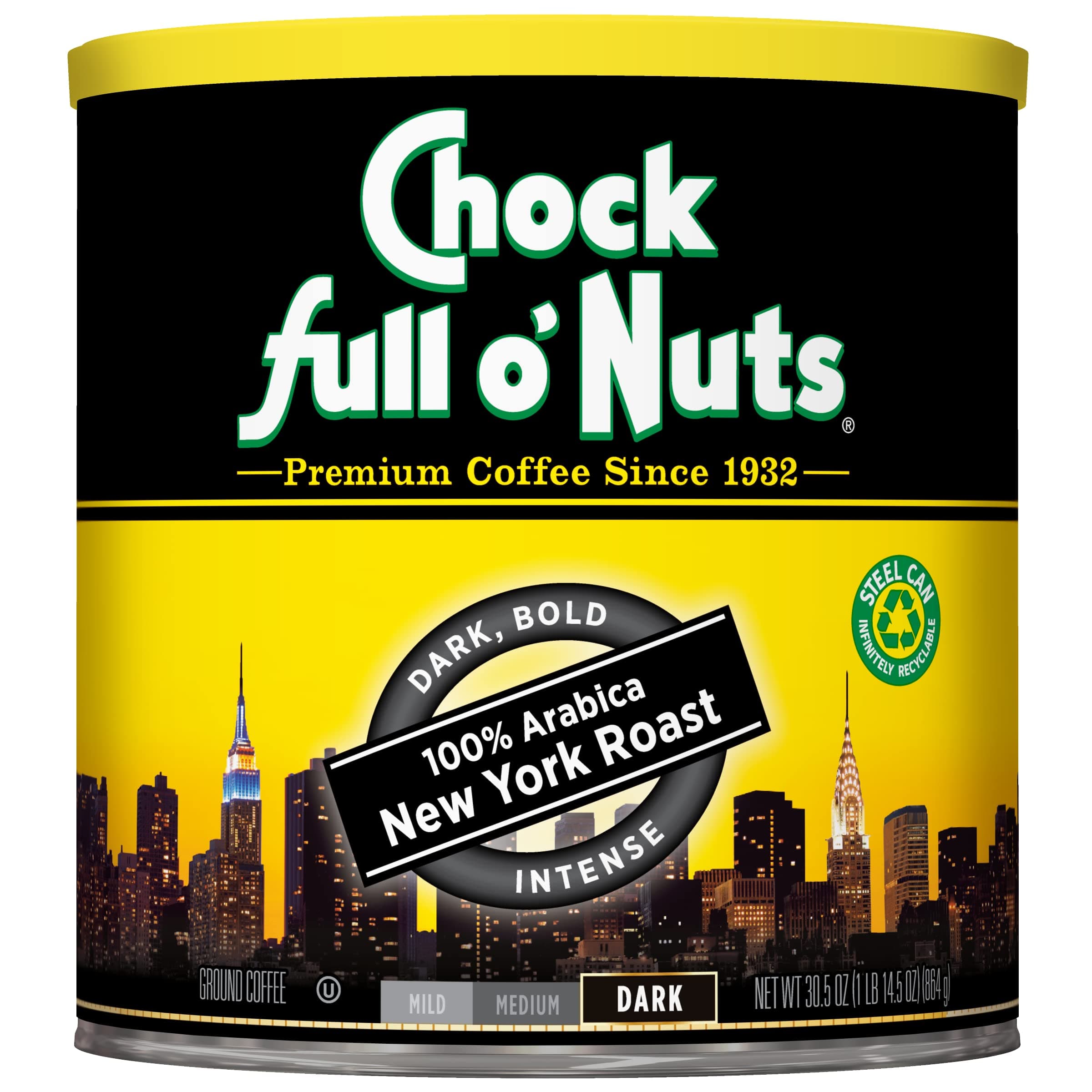 Chock Full o' Nuts New York Roast Ground Coffee – Premium Beans in Recyclable Steel Can – Rich Flavor & Aroma, Dark Roast – Perfect for Drip, Pour-Over, Percolator – 30.5 Oz Can