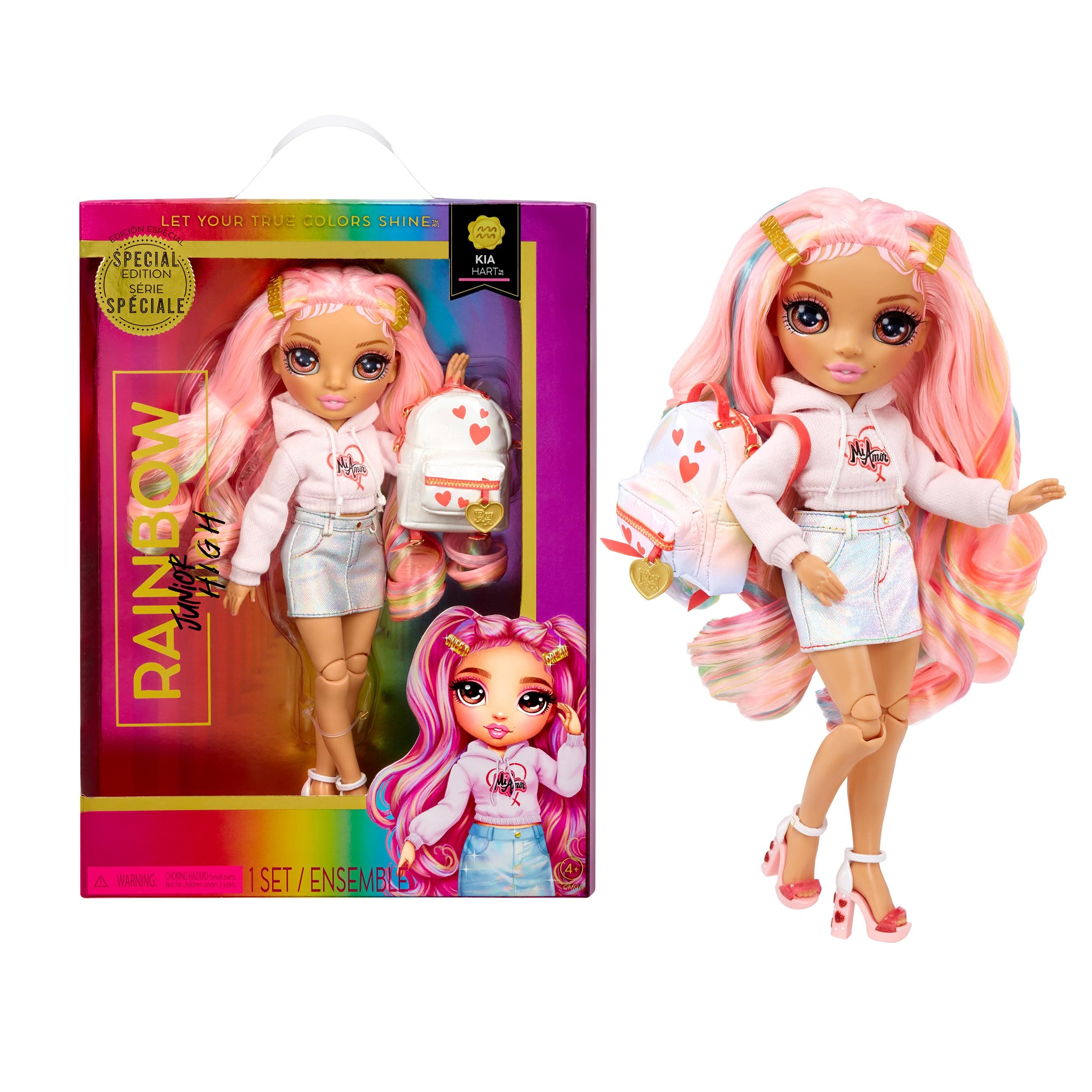 Junior High Special Edition - KIA HART - 9''/22.86cm Pink Posable Fashion Doll with Accessories and Open/Close Soft Backpack - Great Toy Gift for Kids Ages 4-12